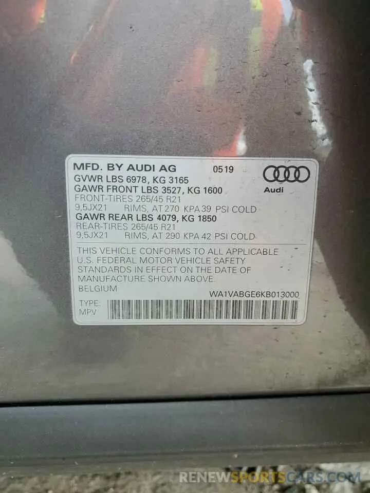 15 fotografías del automóvil dañado WA1VABGE6KB013000 AUDI E-TRON 2019