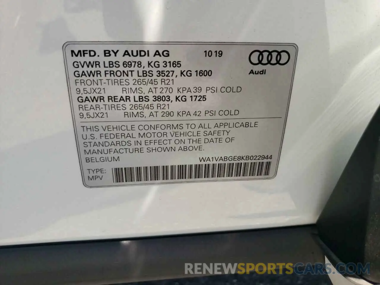 10 fotografías del automóvil dañado WA1VABGE8KB022944 AUDI E-TRON 2019