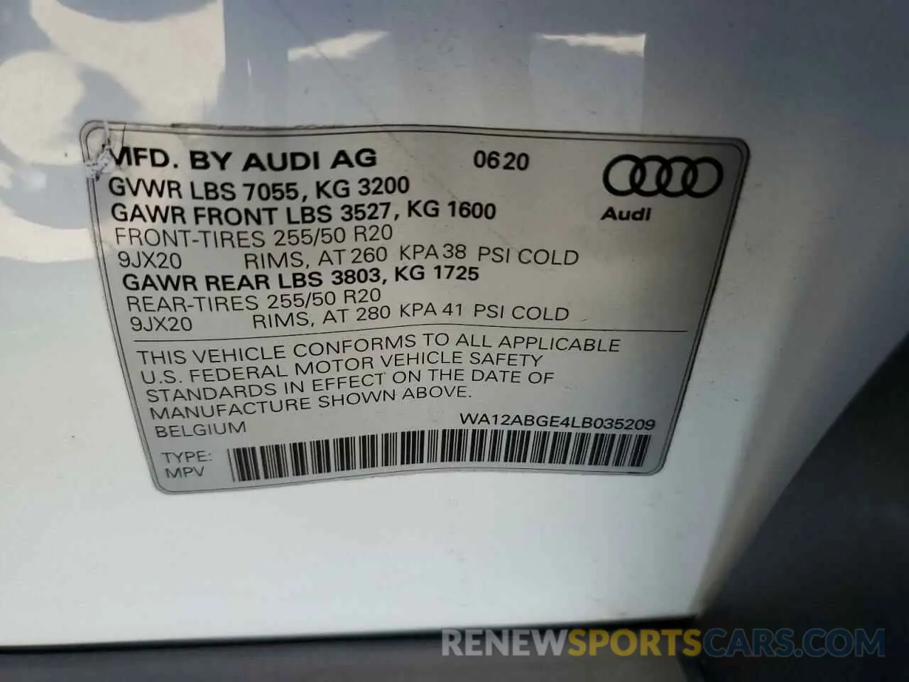 13 fotografías del automóvil dañado WA12ABGE4LB035209 AUDI E-TRON 2020