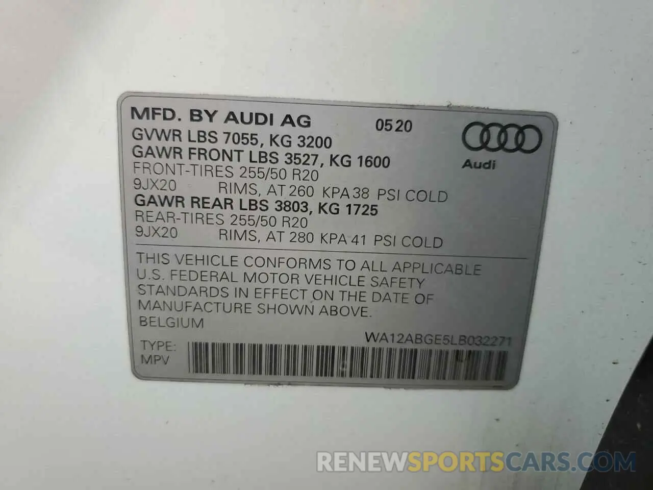 12 fotografías del automóvil dañado WA12ABGE5LB032271 AUDI E-TRON 2020