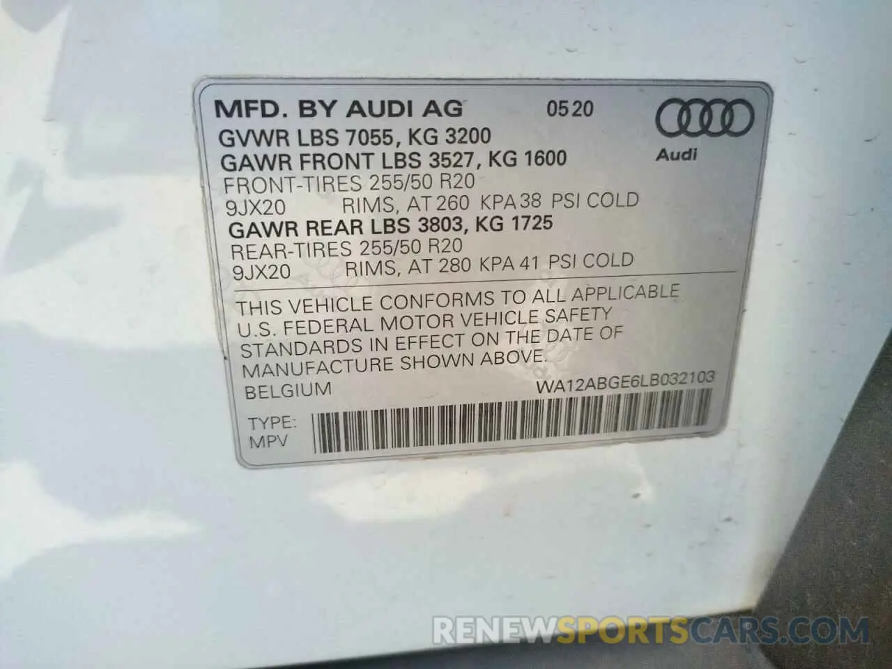 10 fotografías del automóvil dañado WA12ABGE6LB032103 AUDI E-TRON 2020