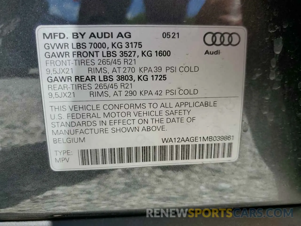 12 fotografías del automóvil dañado WA12AAGE1MB039861 AUDI E-TRON 2021