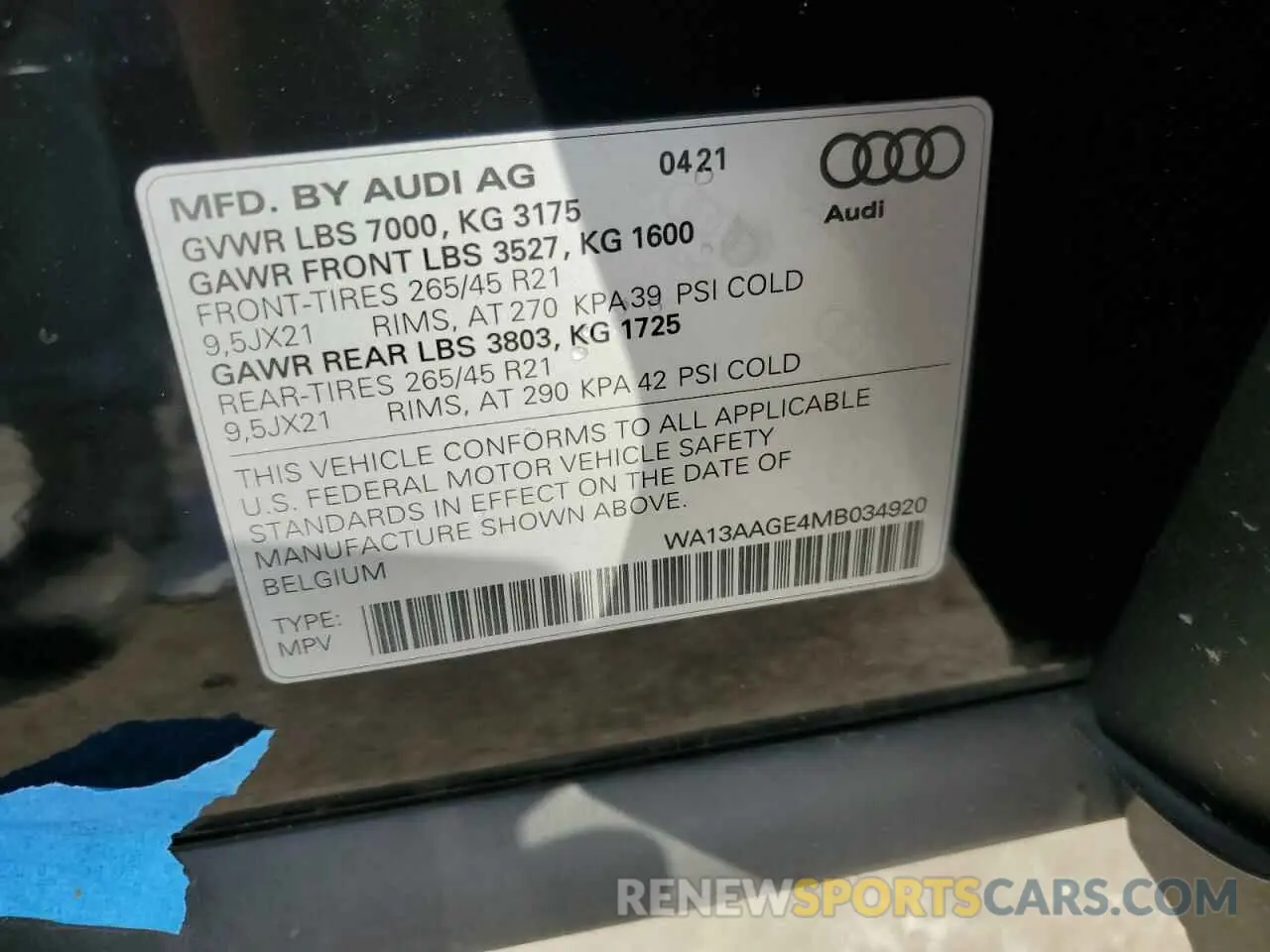 13 fotografías del automóvil dañado WA13AAGE4MB034920 AUDI E-TRON 2021