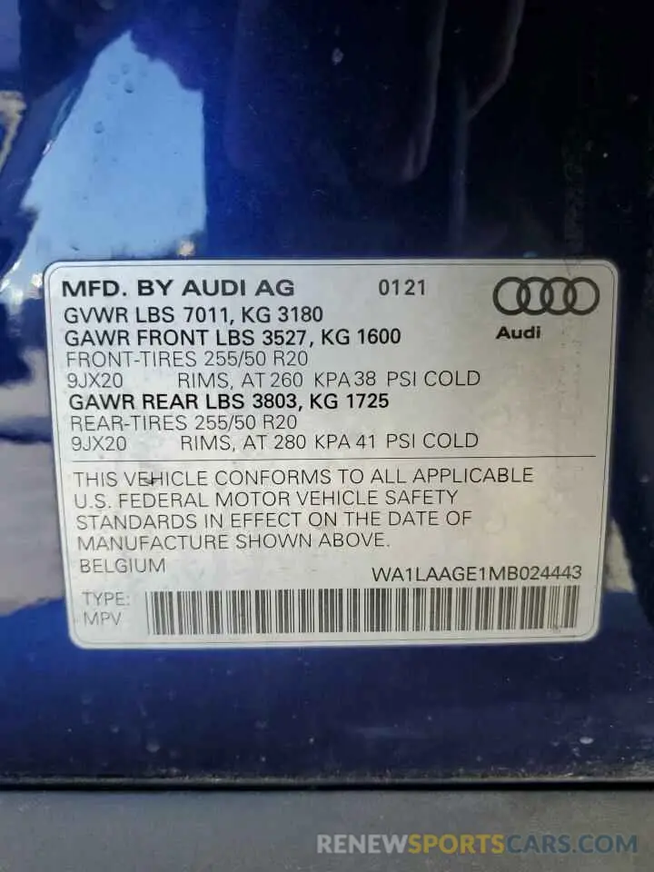 13 fotografías del automóvil dañado WA1LAAGE1MB024443 AUDI E-TRON 2021