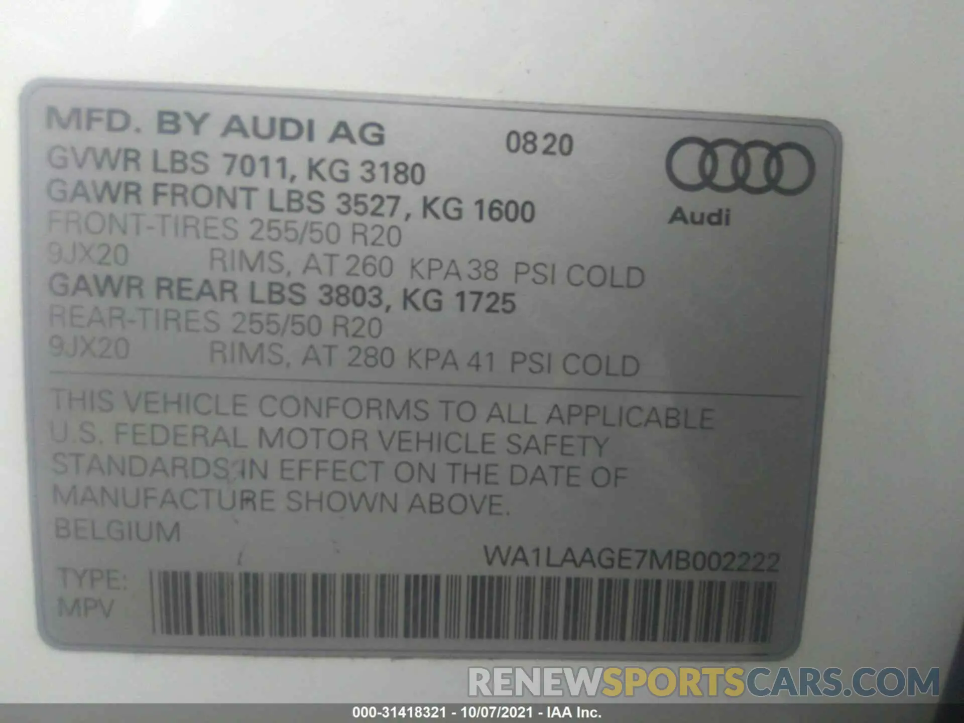9 fotografías del automóvil dañado WA1LAAGE7MB002222 AUDI E-TRON 2021