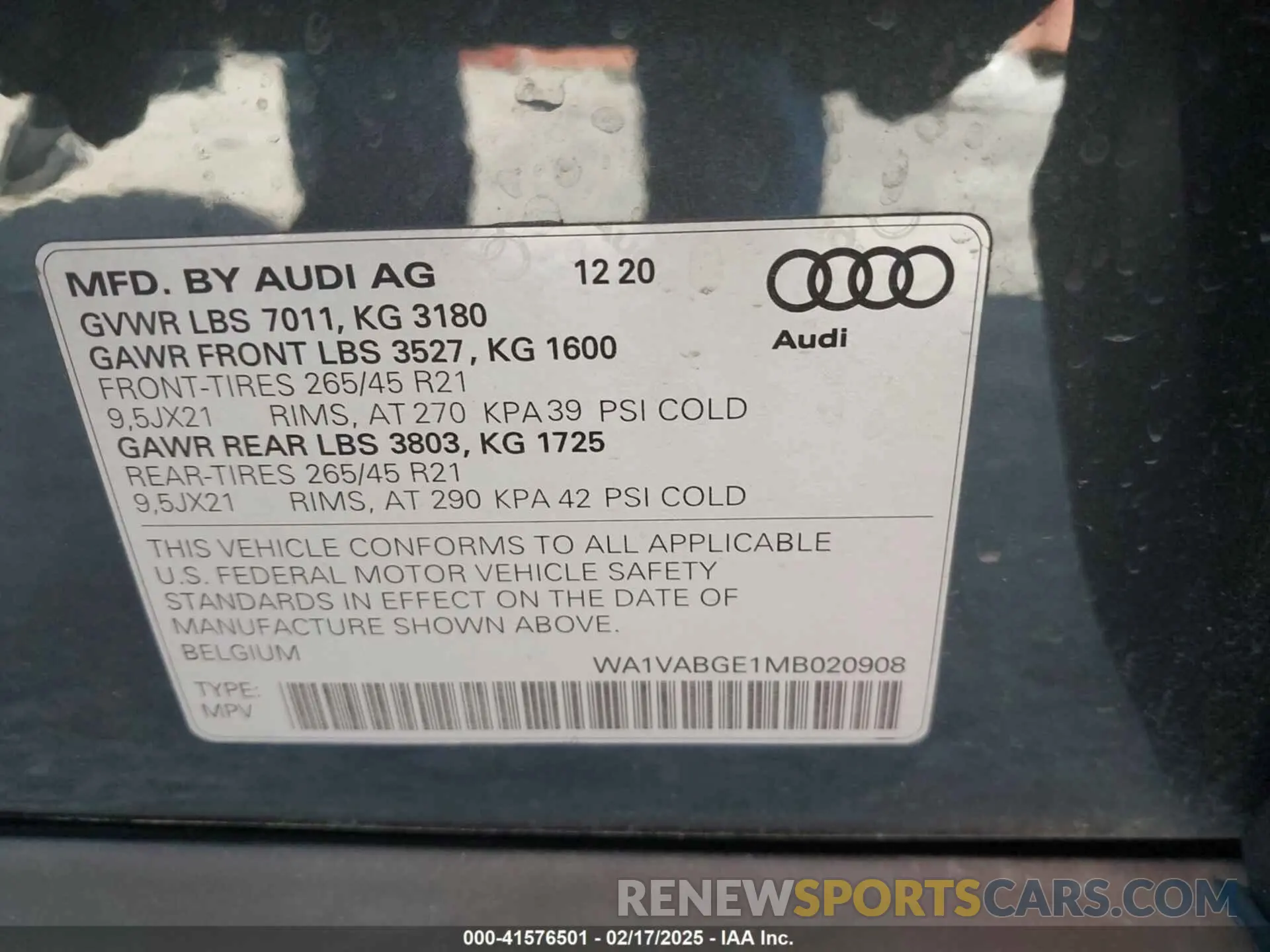 9 fotografías del automóvil dañado WA1VABGE1MB020908 AUDI E-TRON 2021