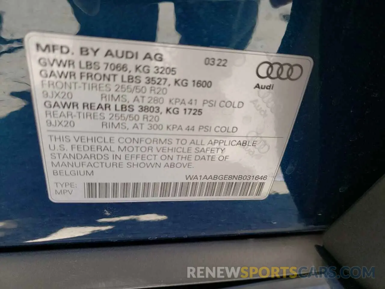 10 fotografías del automóvil dañado WA1AABGE8NB031646 AUDI E-TRON 2022