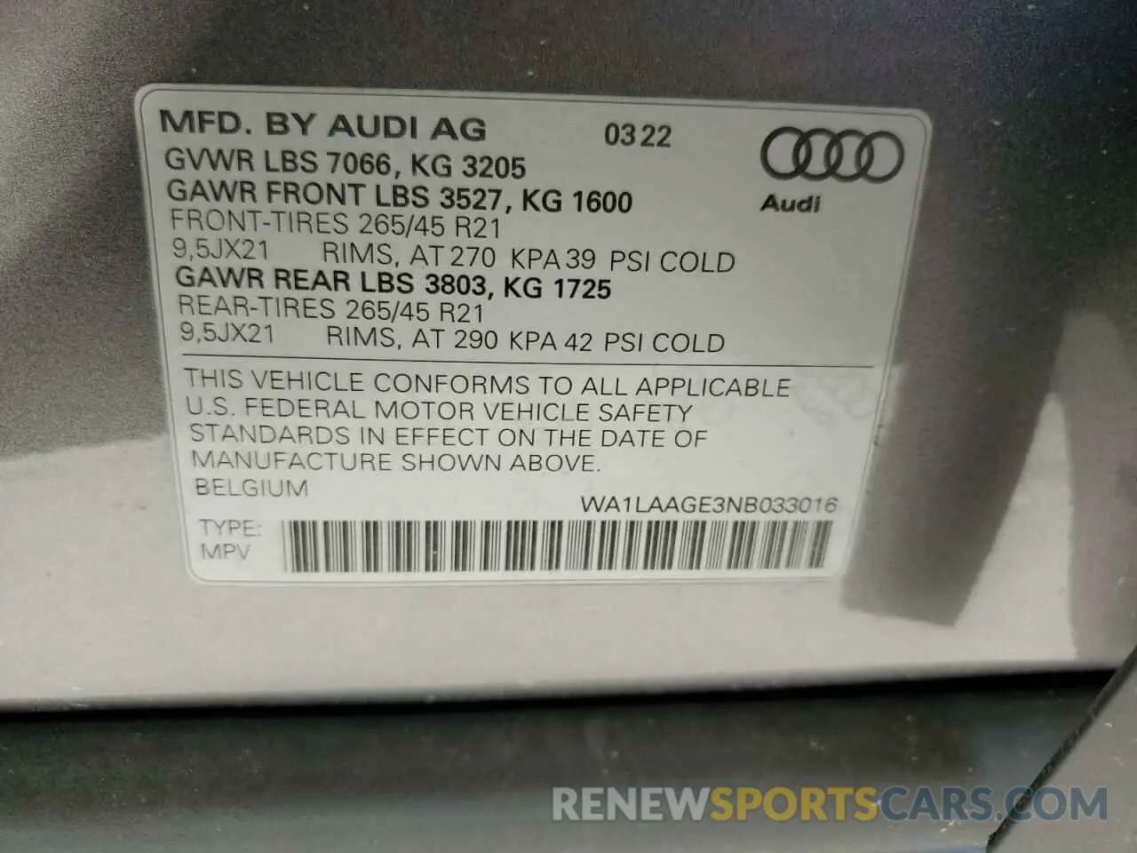 10 fotografías del automóvil dañado WA1LAAGE3NB033016 AUDI E-TRON 2022