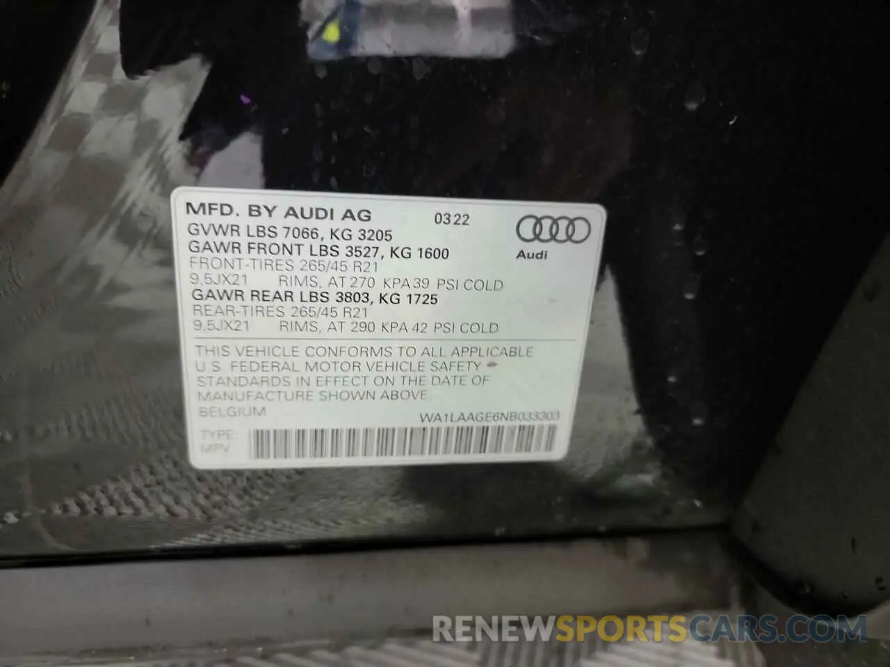 10 fotografías del automóvil dañado WA1LAAGE6NB033303 AUDI E-TRON 2022