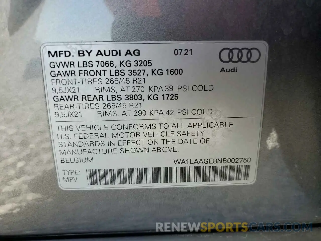 13 fotografías del automóvil dañado WA1LAAGE8NB002750 AUDI E-TRON 2022