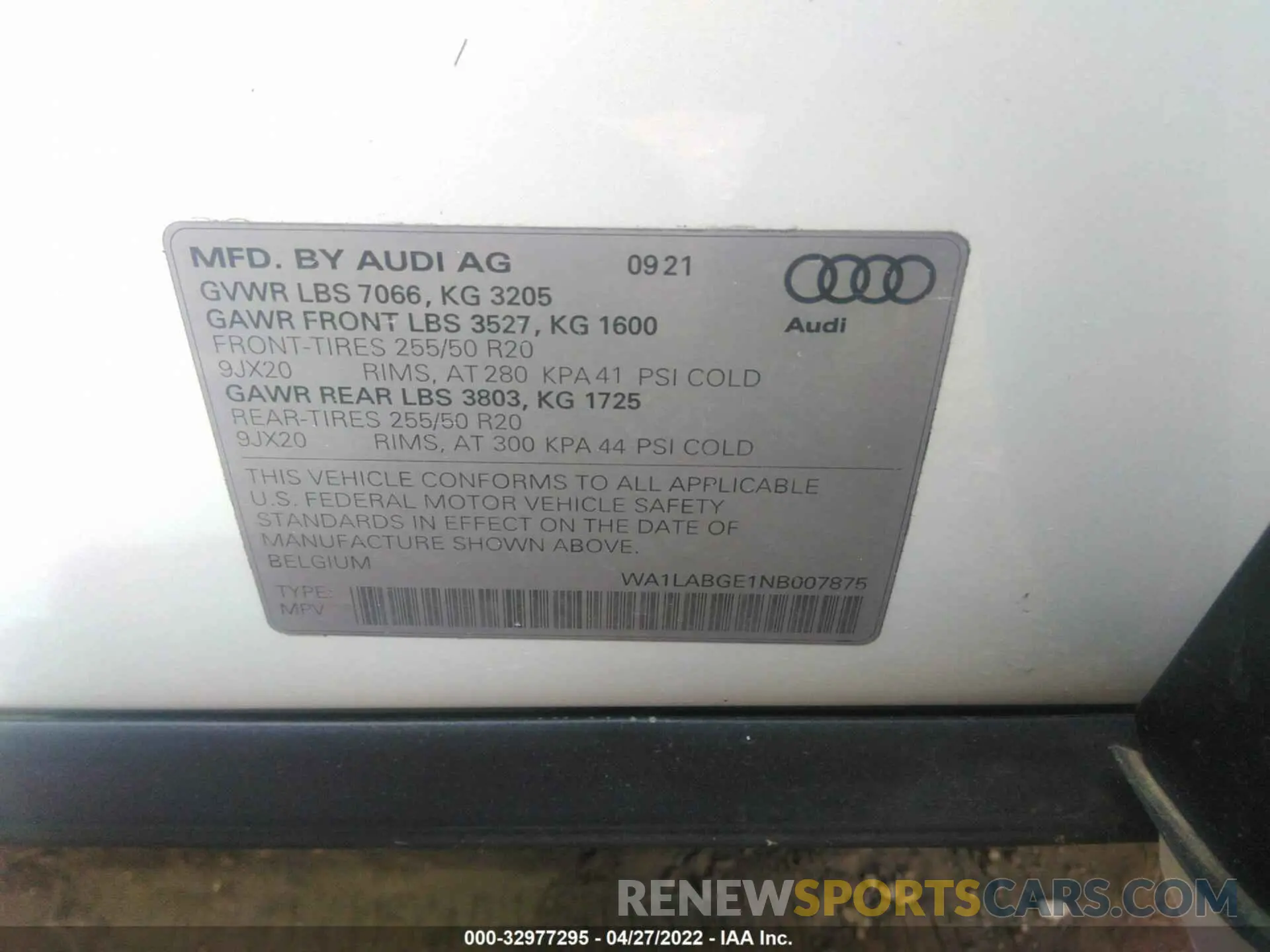 9 fotografías del automóvil dañado WA1LABGE1NB007875 AUDI E-TRON 2022