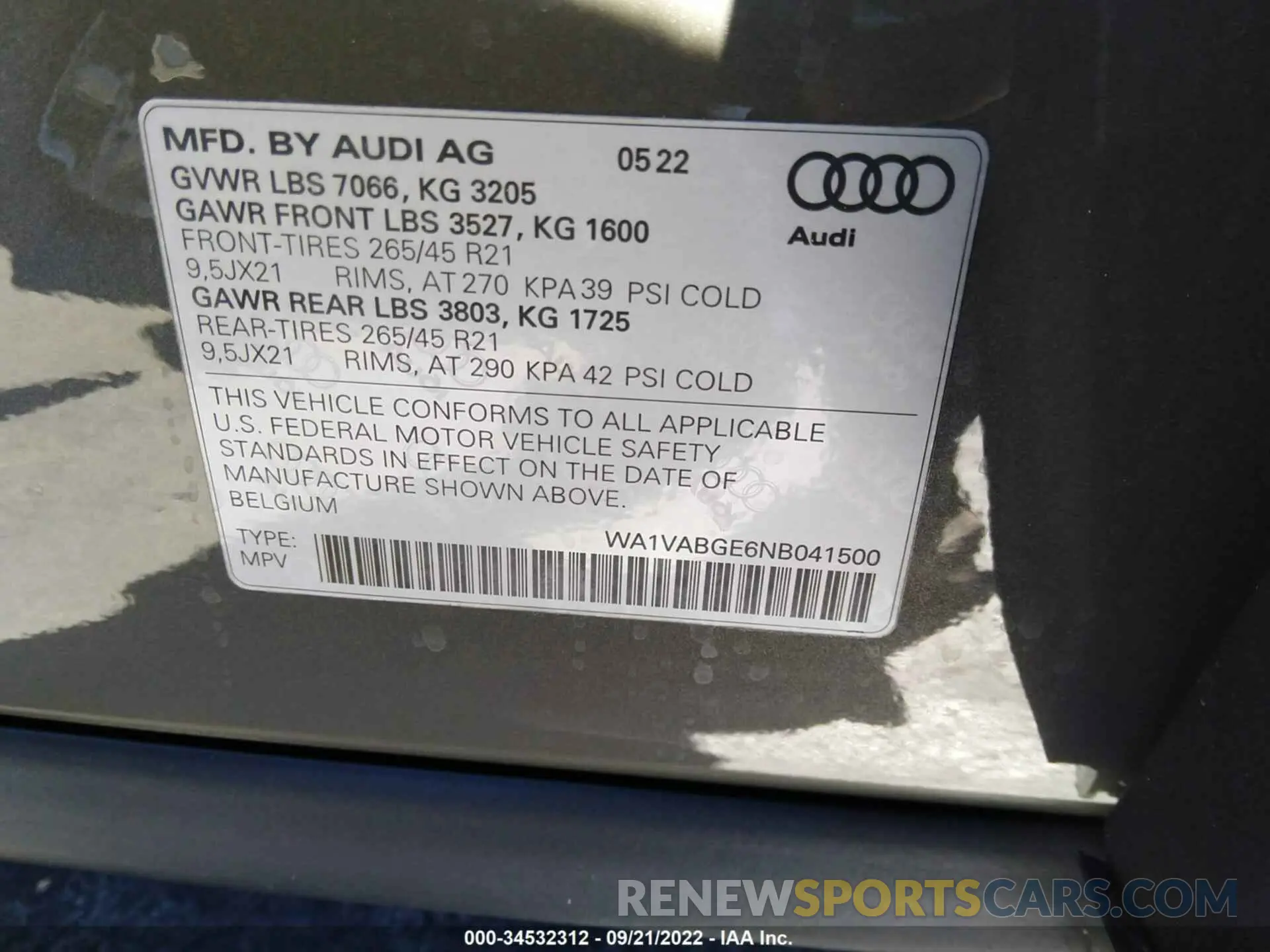 9 fotografías del automóvil dañado WA1VABGE6NB041500 AUDI E-TRON 2022