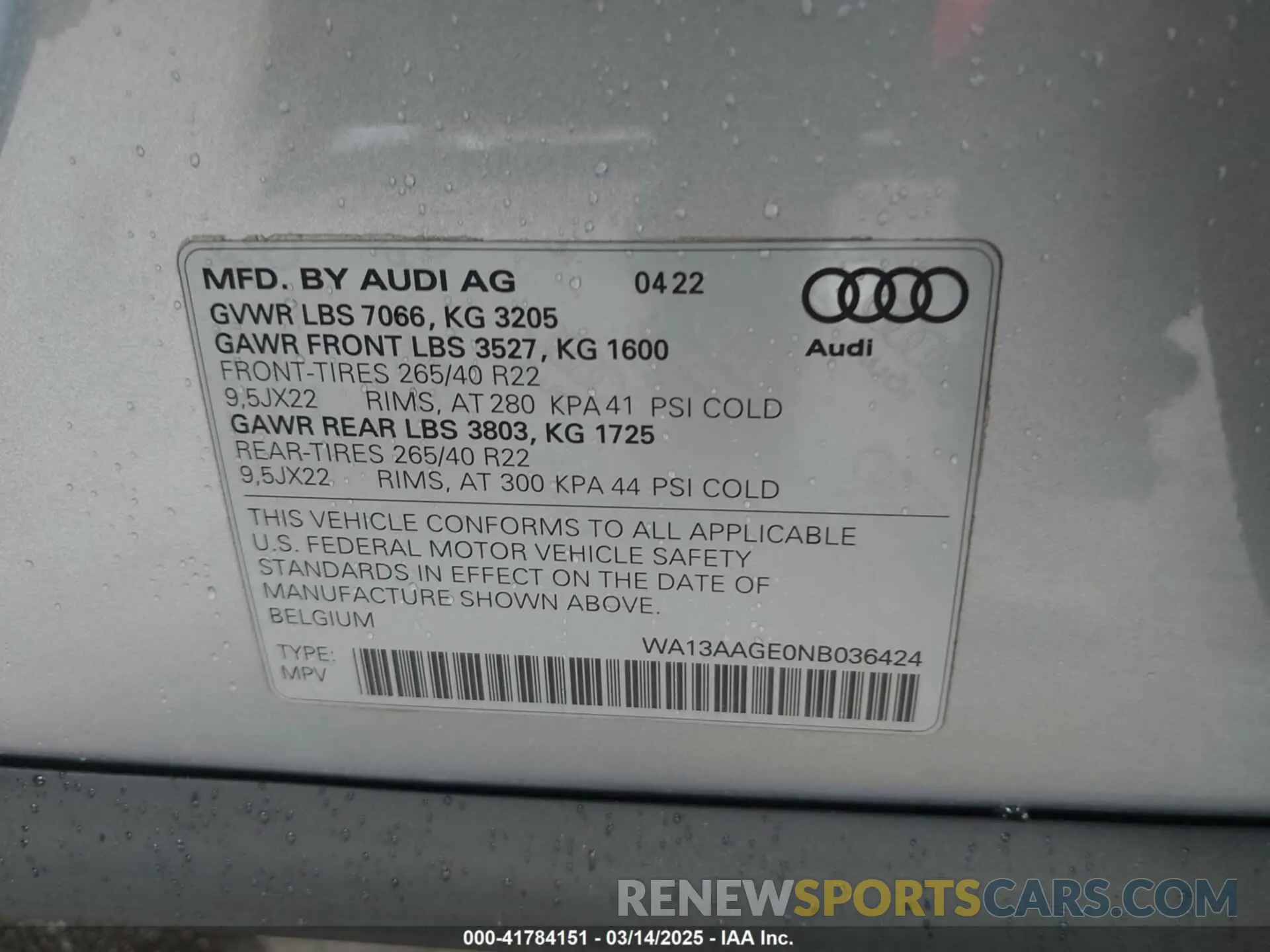 9 fotografías del automóvil dañado WA13AAGE0NB036424 AUDI E-TRON SPORTBACK 2022