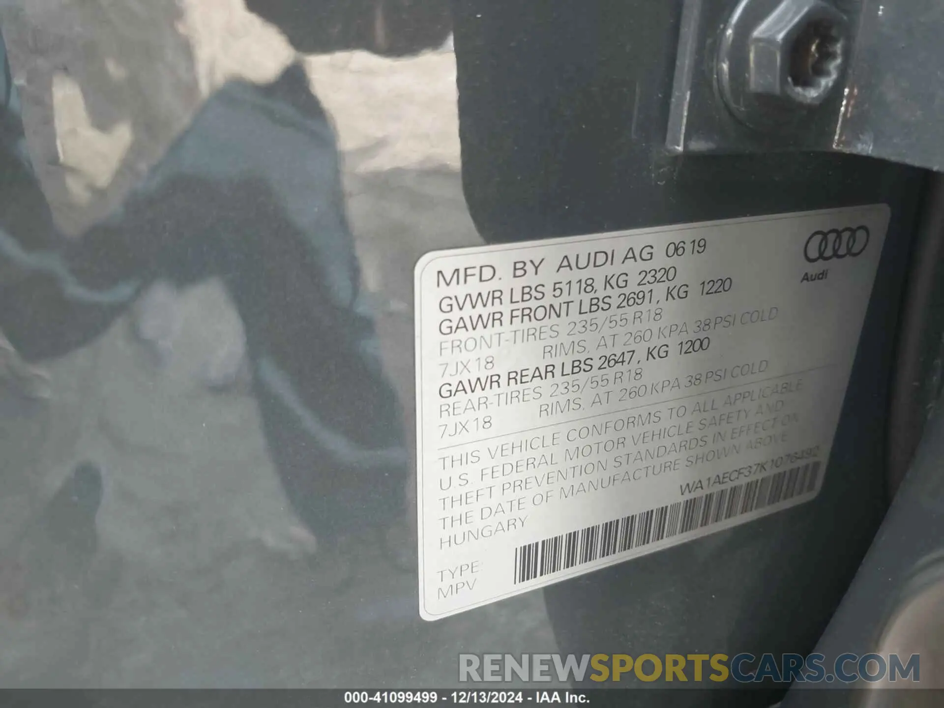 9 fotografías del automóvil dañado WA1AECF37K1076492 AUDI Q3 2019