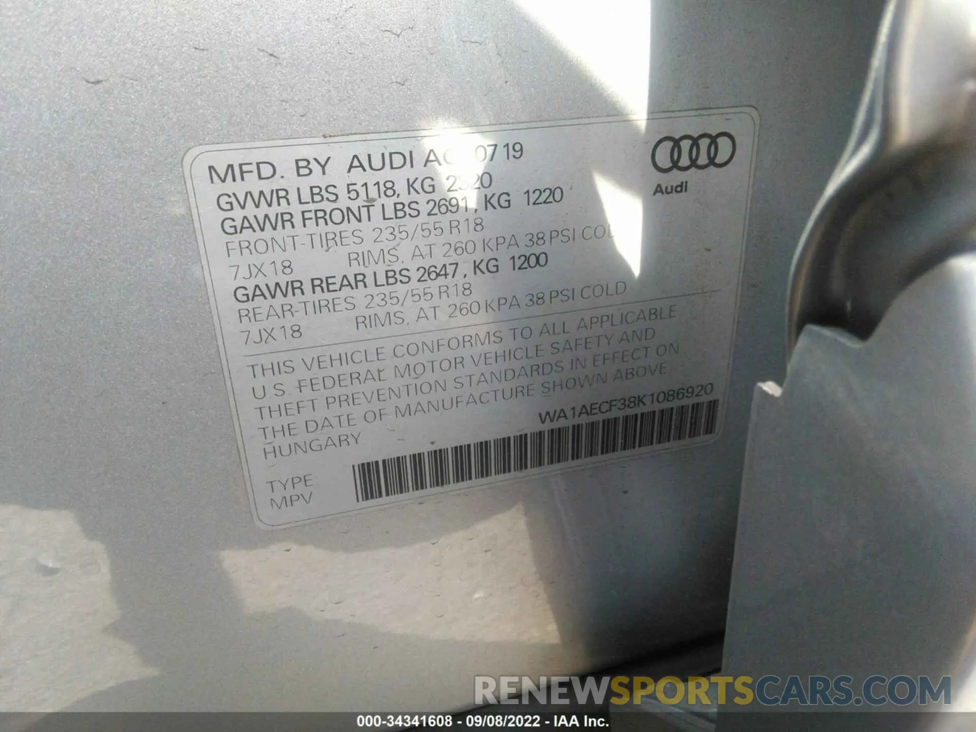 9 fotografías del automóvil dañado WA1AECF38K1086920 AUDI Q3 2019