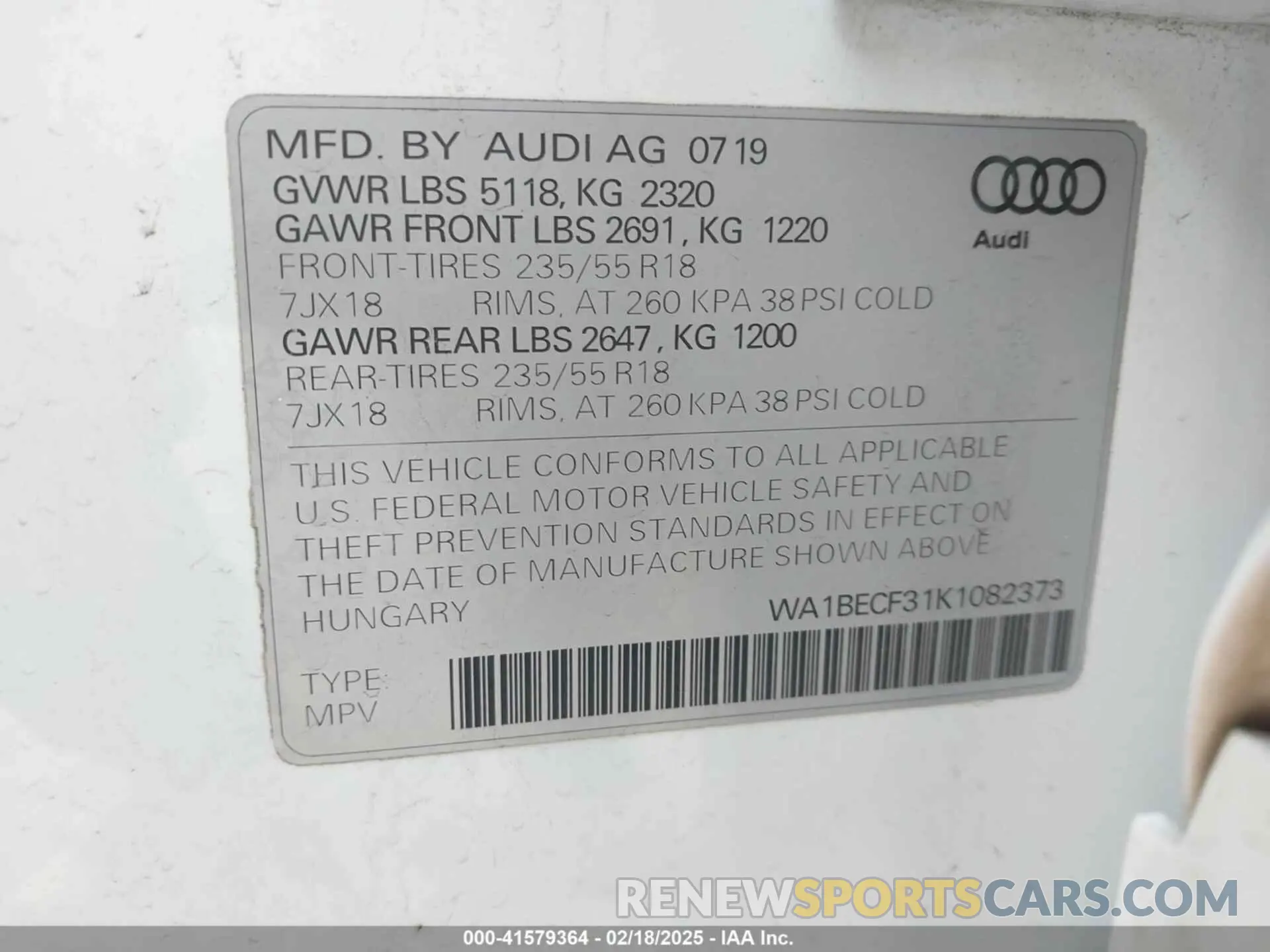 9 fotografías del automóvil dañado WA1BECF31K1082373 AUDI Q3 2019