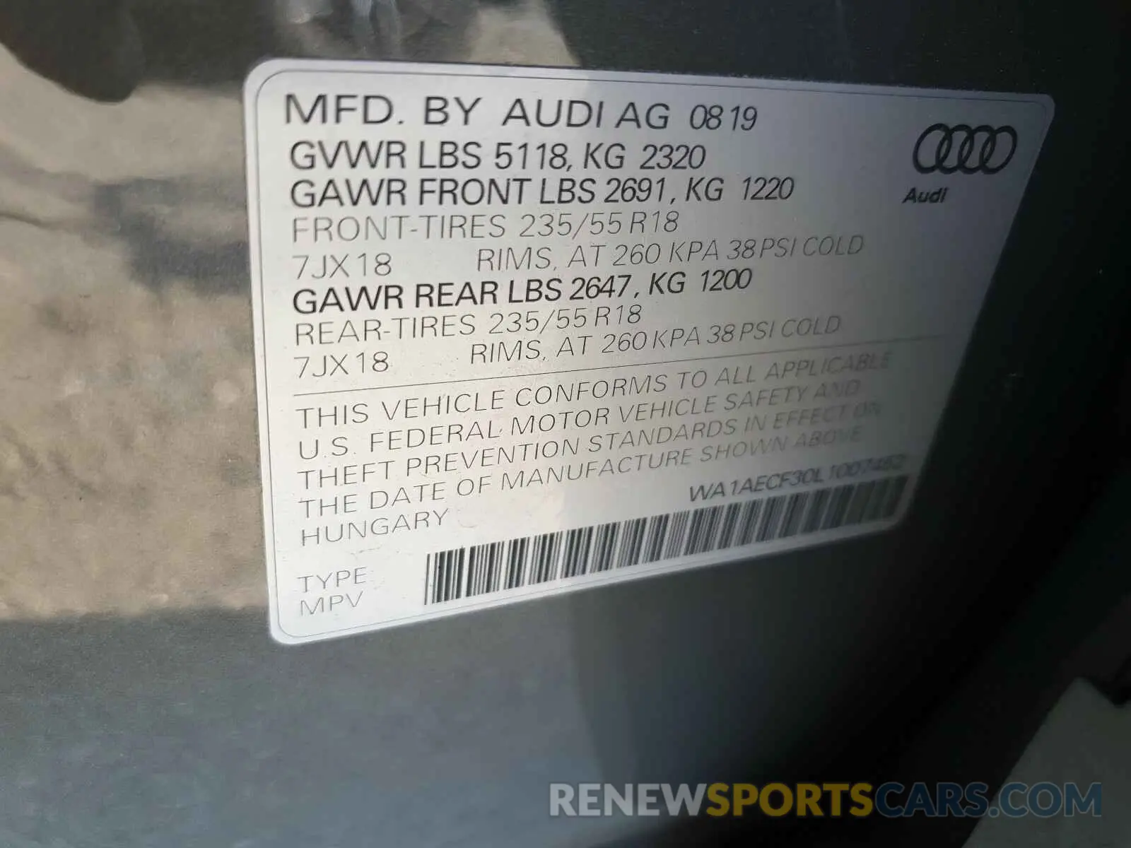 10 fotografías del automóvil dañado WA1AECF30L1007452 AUDI Q3 2020