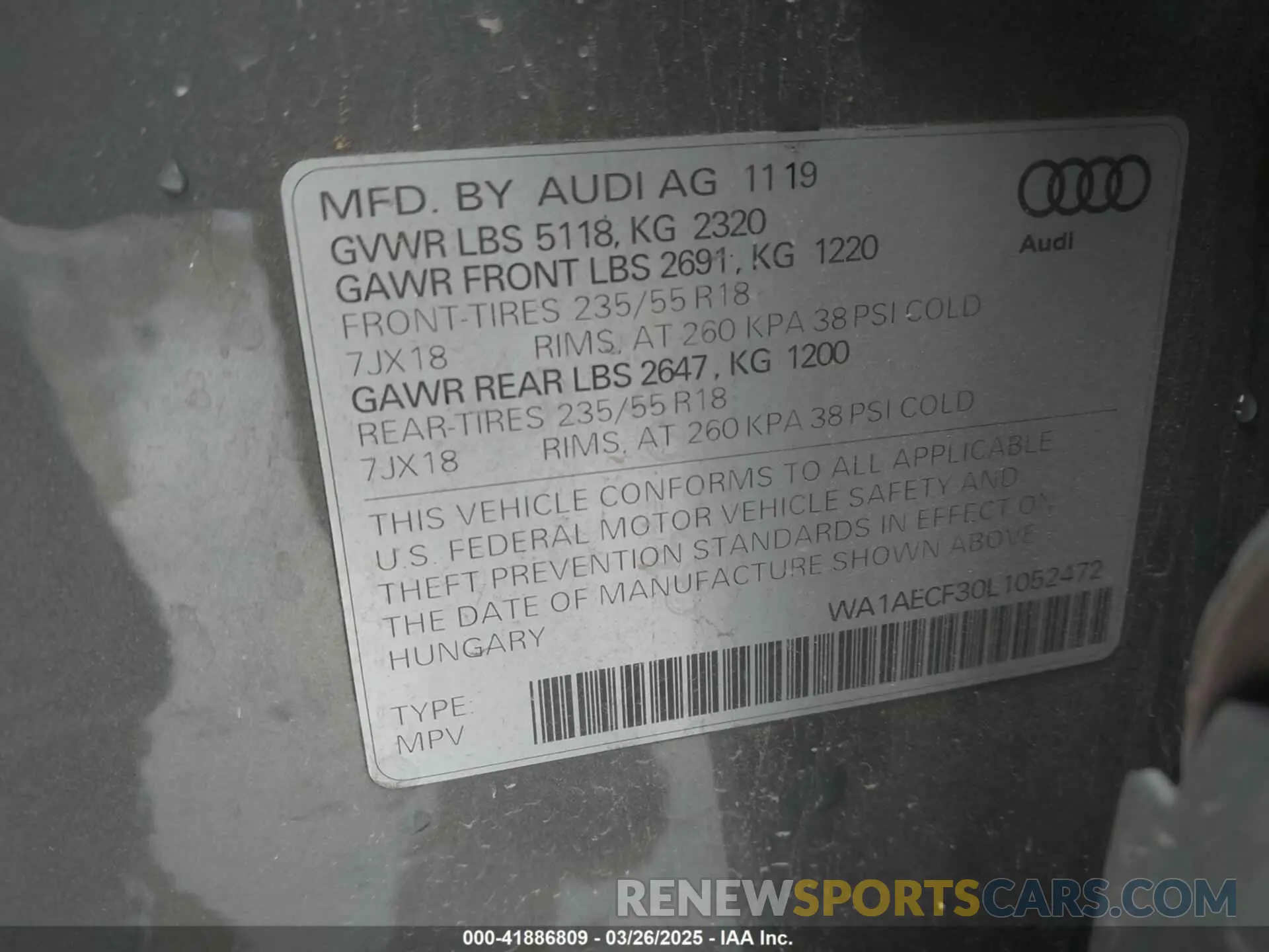 9 fotografías del automóvil dañado WA1AECF30L1052472 AUDI Q3 2020
