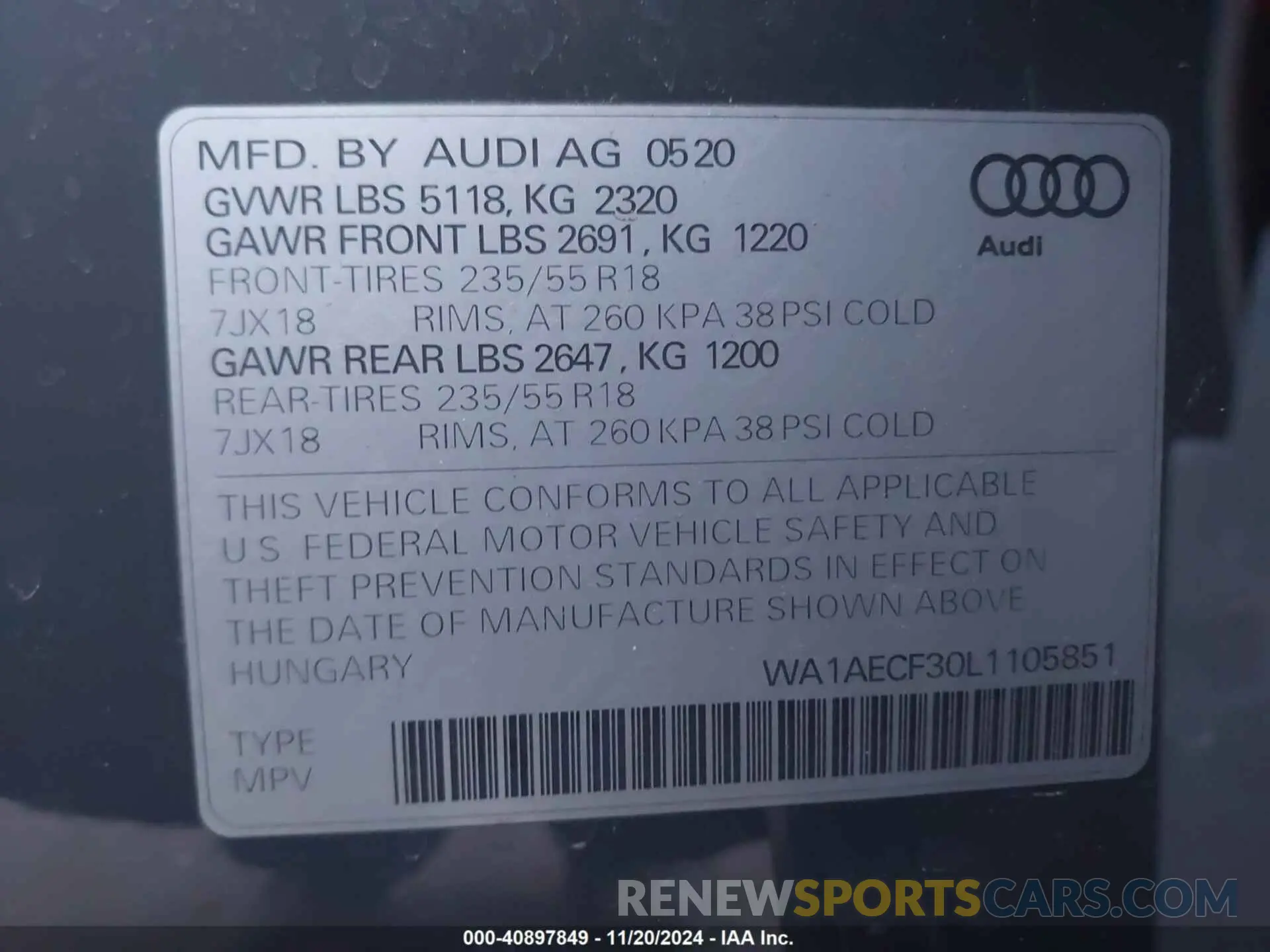 9 fotografías del automóvil dañado WA1AECF30L1105851 AUDI Q3 2020