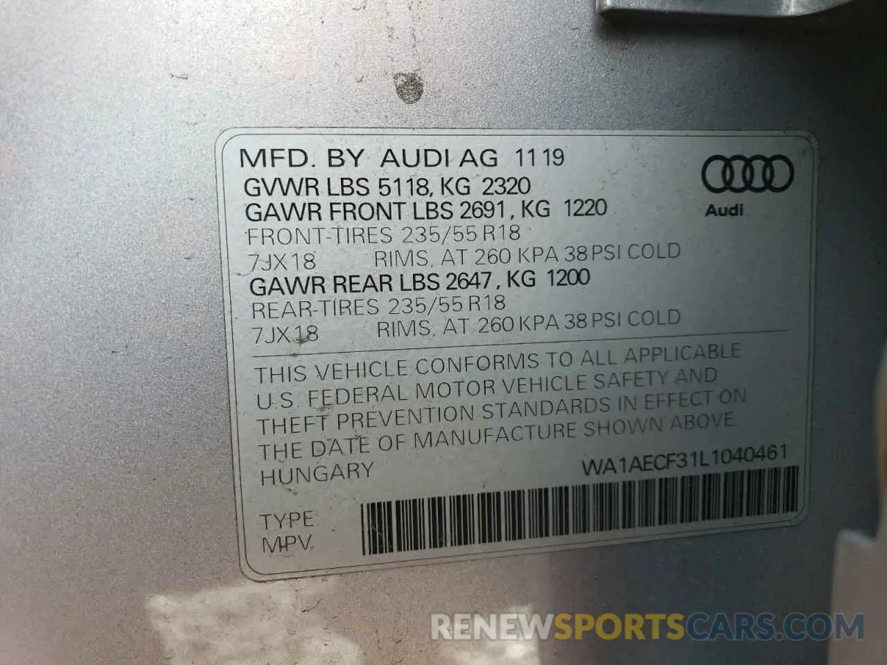 14 fotografías del automóvil dañado WA1AECF31L1040461 AUDI Q3 2020