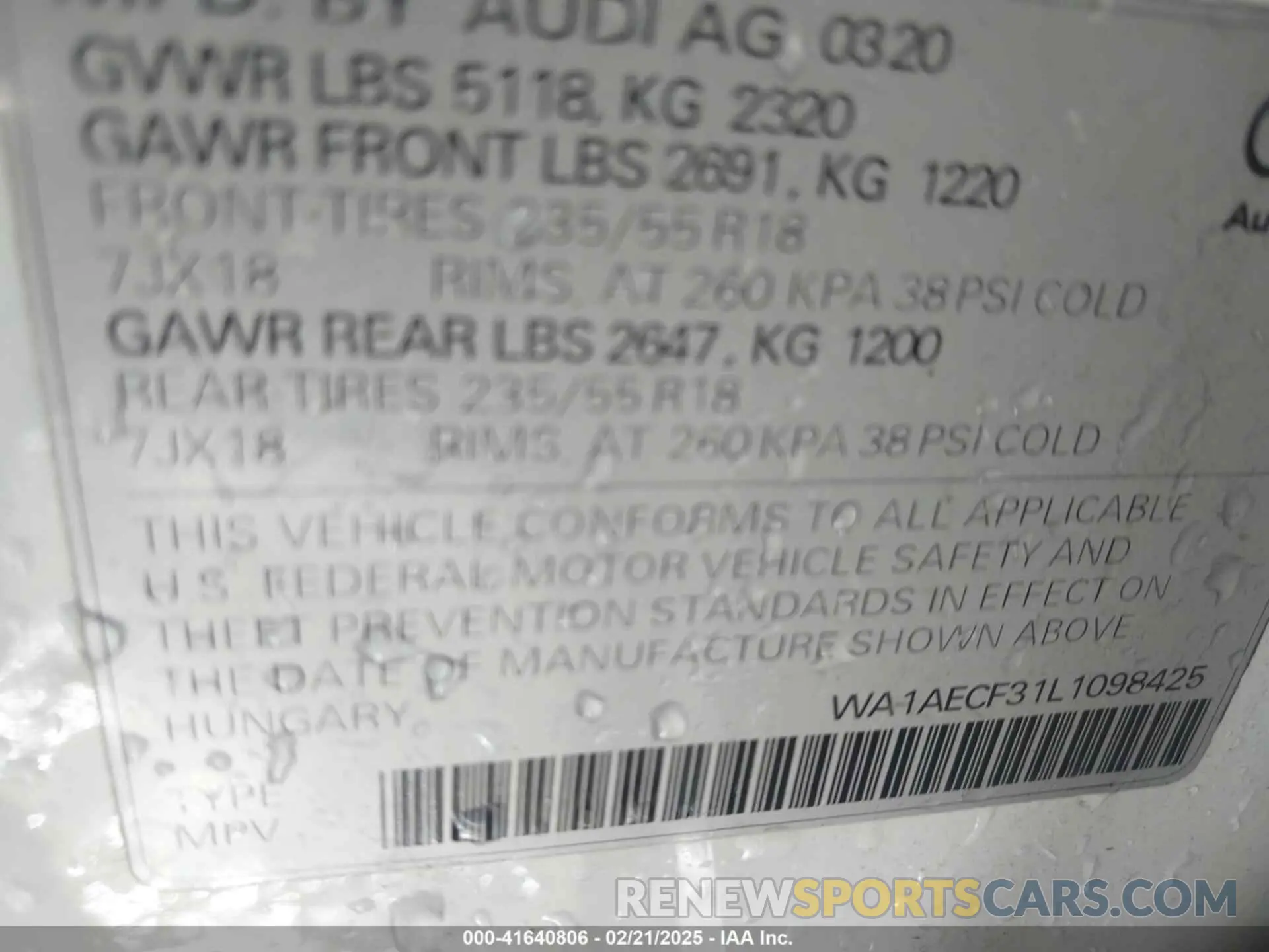 9 fotografías del automóvil dañado WA1AECF31L1098425 AUDI Q3 2020