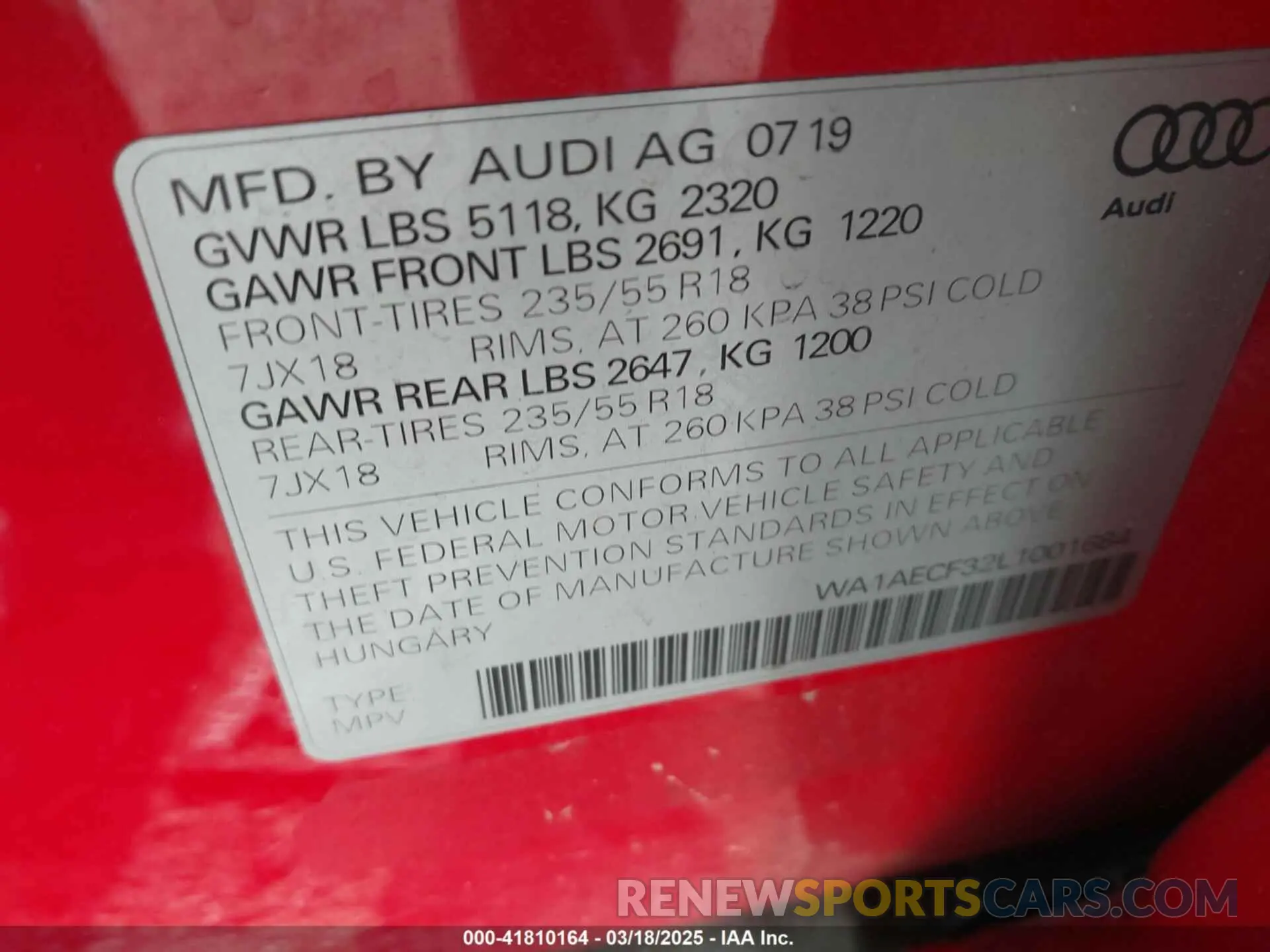 9 fotografías del automóvil dañado WA1AECF32L1001684 AUDI Q3 2020
