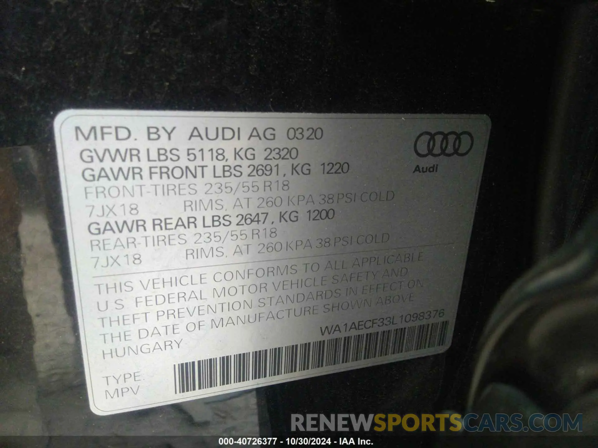 9 fotografías del automóvil dañado WA1AECF33L1098376 AUDI Q3 2020