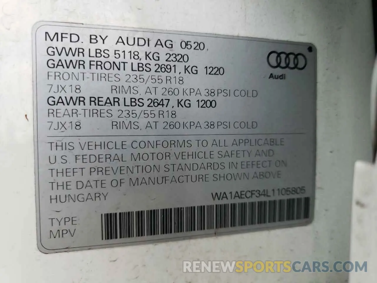 15 fotografías del automóvil dañado WA1AECF34L1105805 AUDI Q3 2020