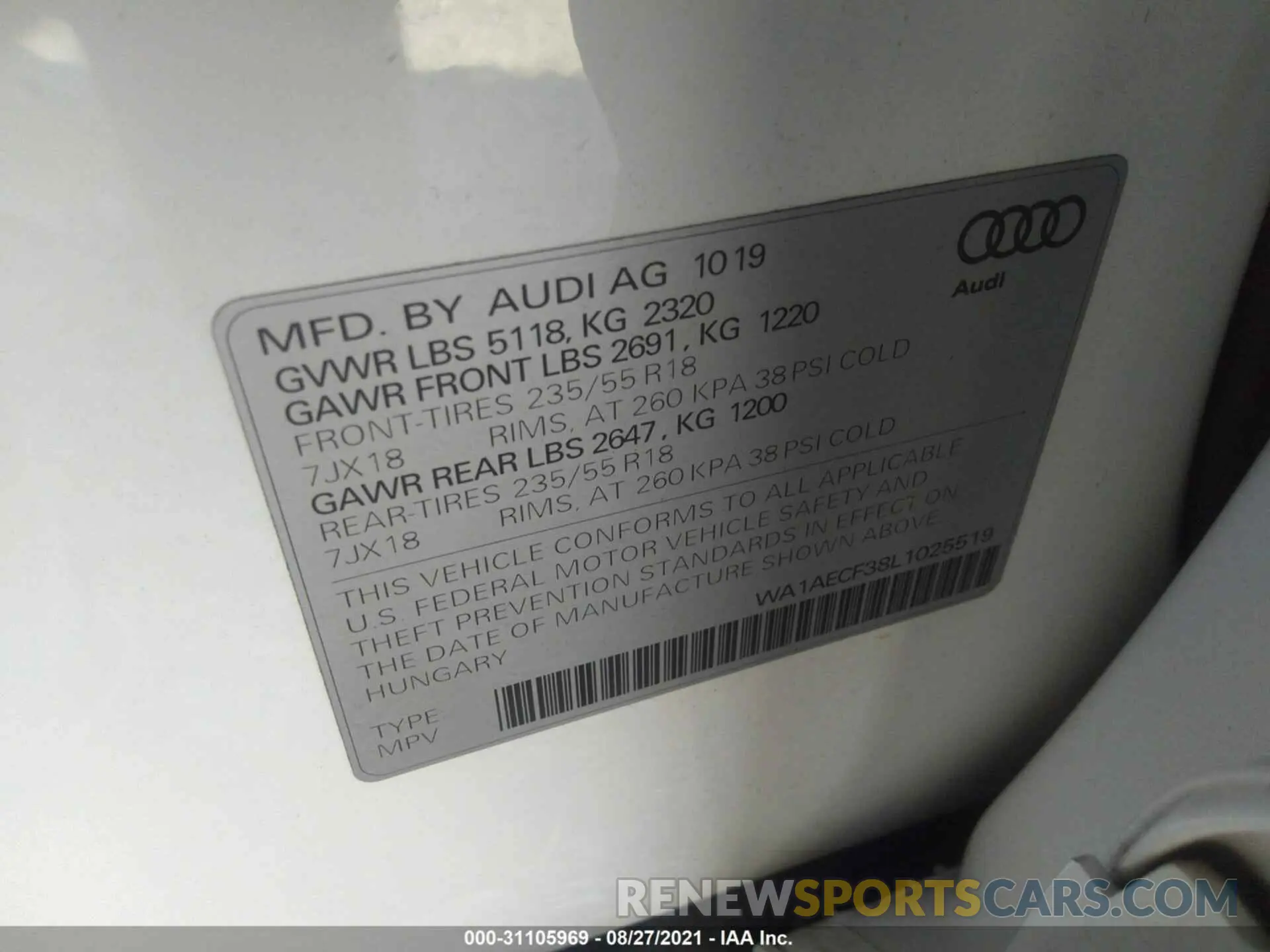 9 fotografías del automóvil dañado WA1AECF38L1025519 AUDI Q3 2020