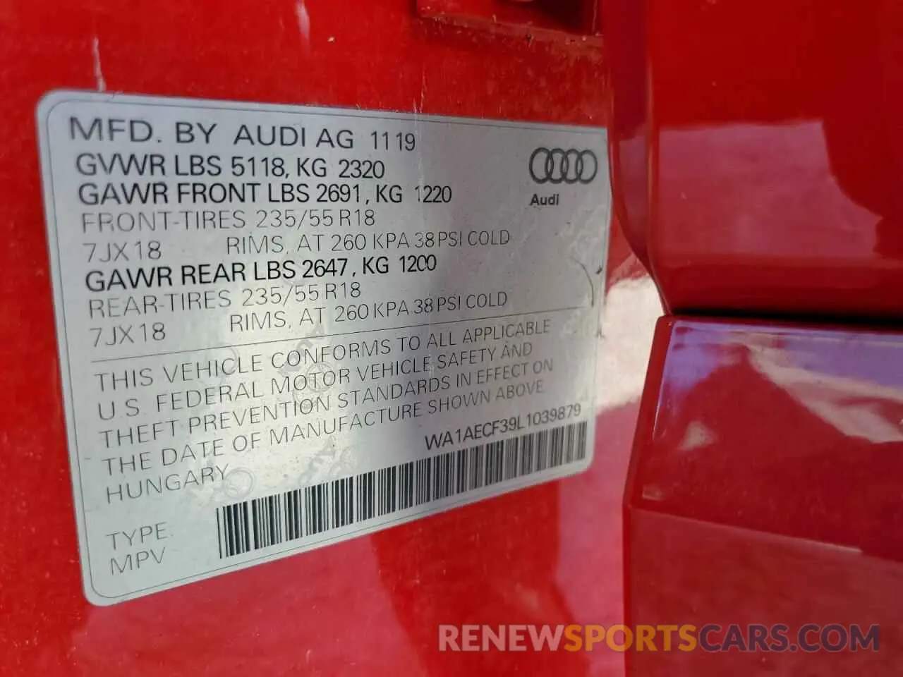10 fotografías del automóvil dañado WA1AECF39L1039879 AUDI Q3 2020