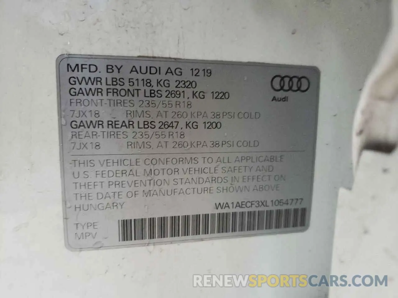 10 fotografías del automóvil dañado WA1AECF3XL1054777 AUDI Q3 2020