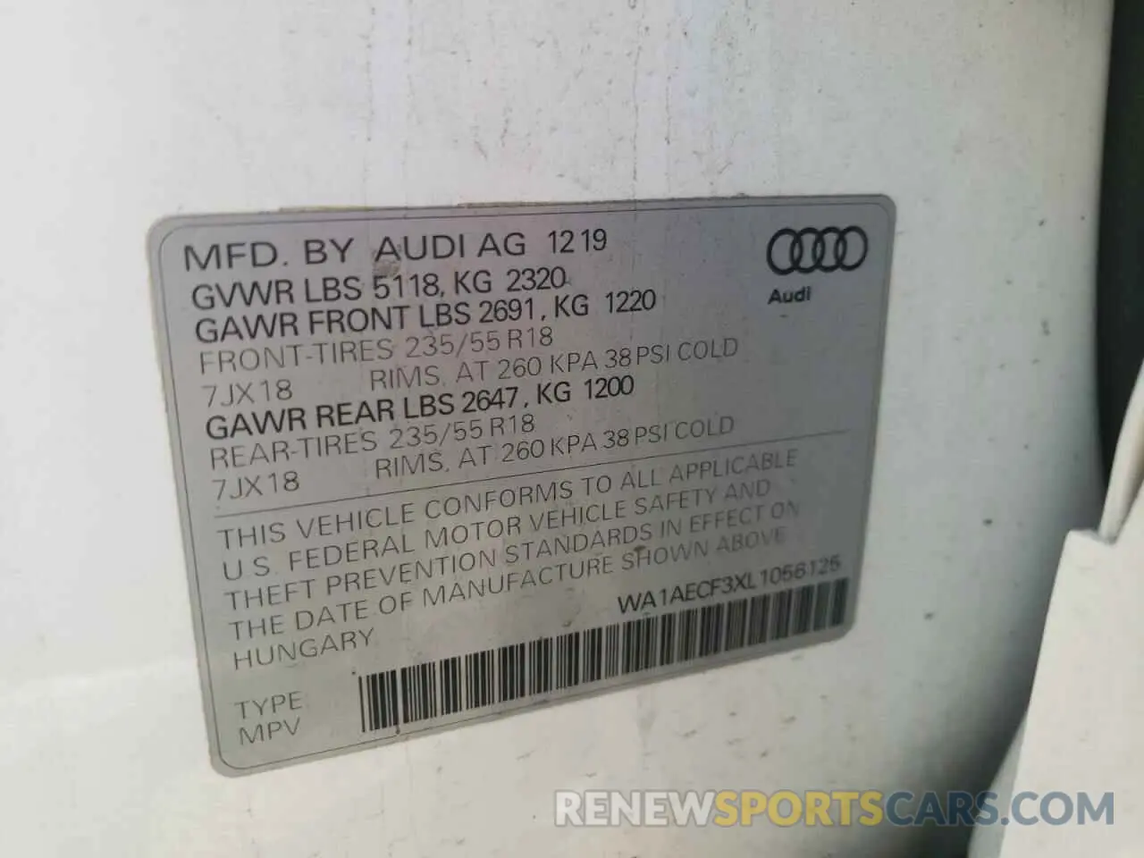 10 fotografías del automóvil dañado WA1AECF3XL1056125 AUDI Q3 2020