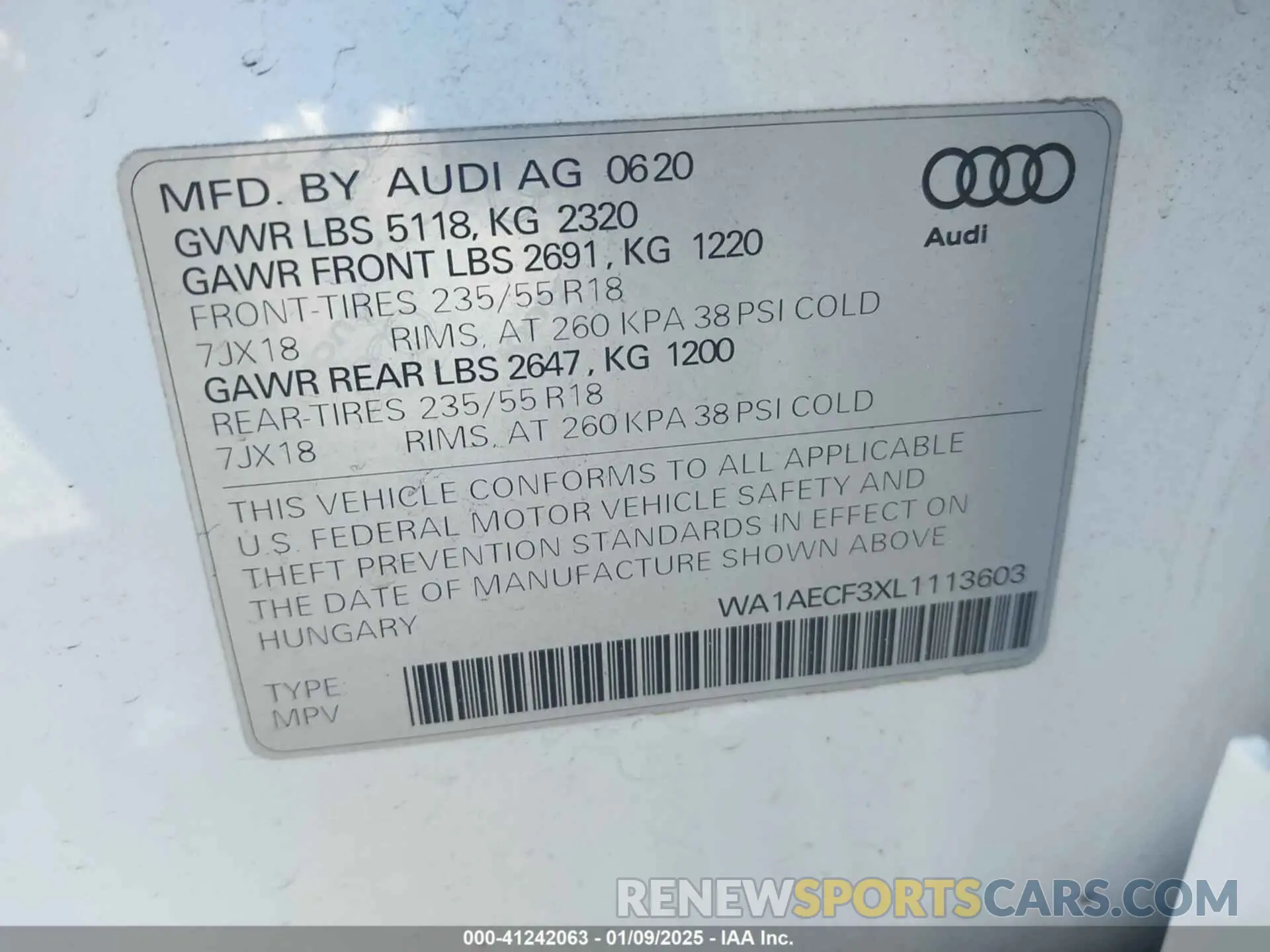 9 fotografías del automóvil dañado WA1AECF3XL1113603 AUDI Q3 2020