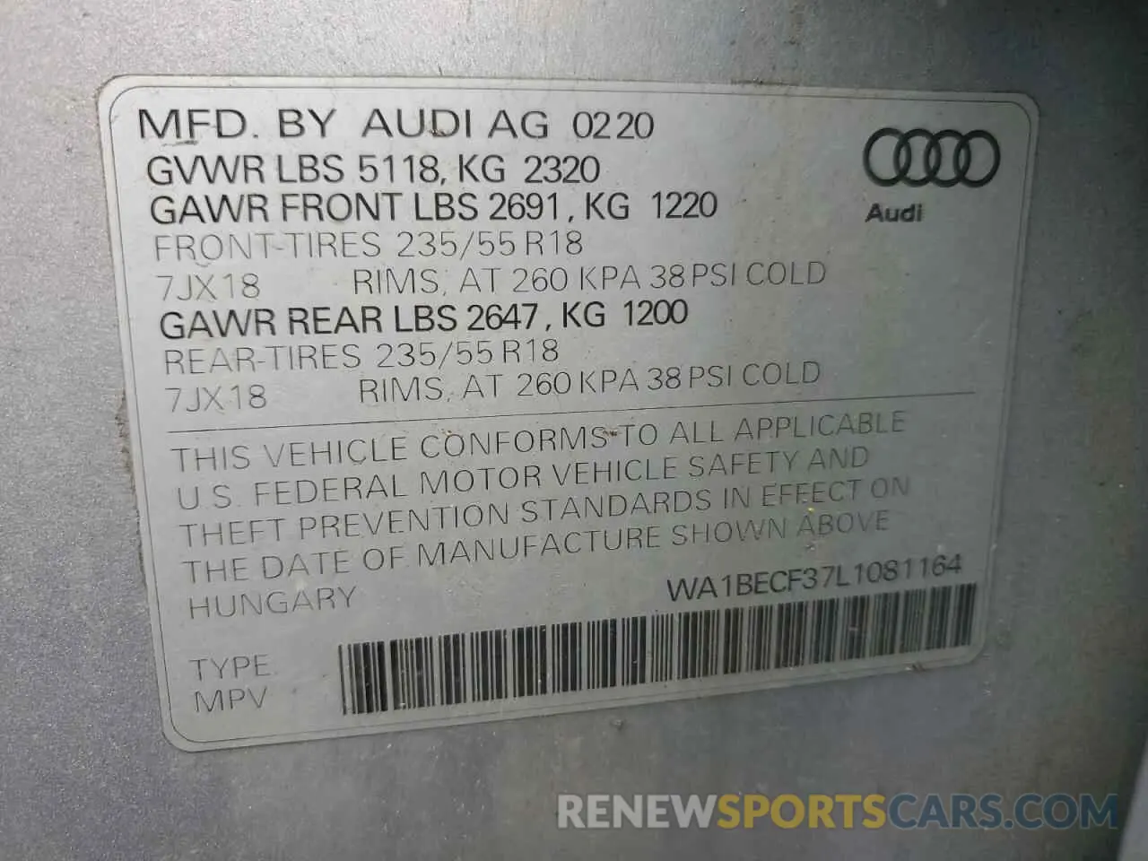 13 fotografías del automóvil dañado WA1BECF37L1081164 AUDI Q3 2020