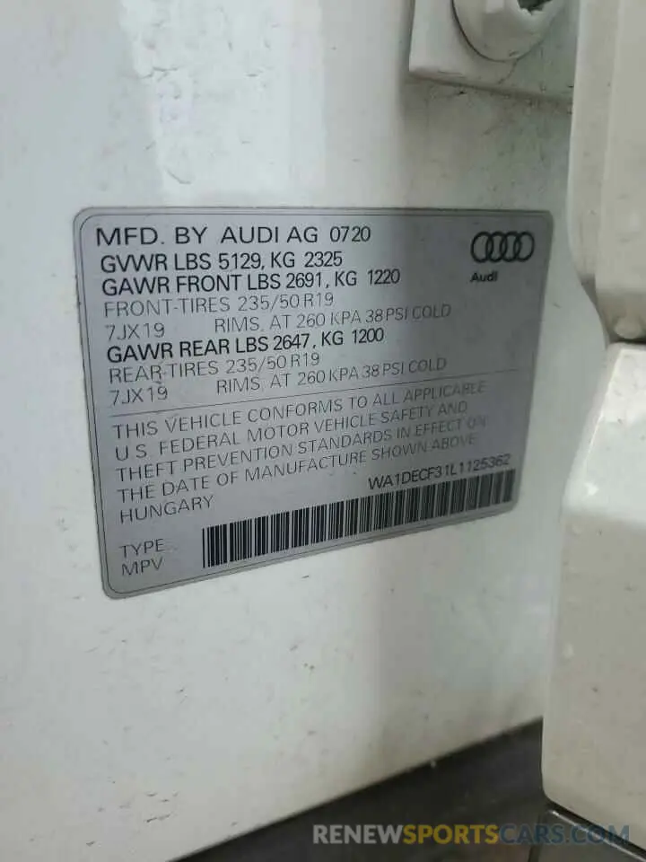 14 fotografías del automóvil dañado WA1DECF31L1125362 AUDI Q3 2020