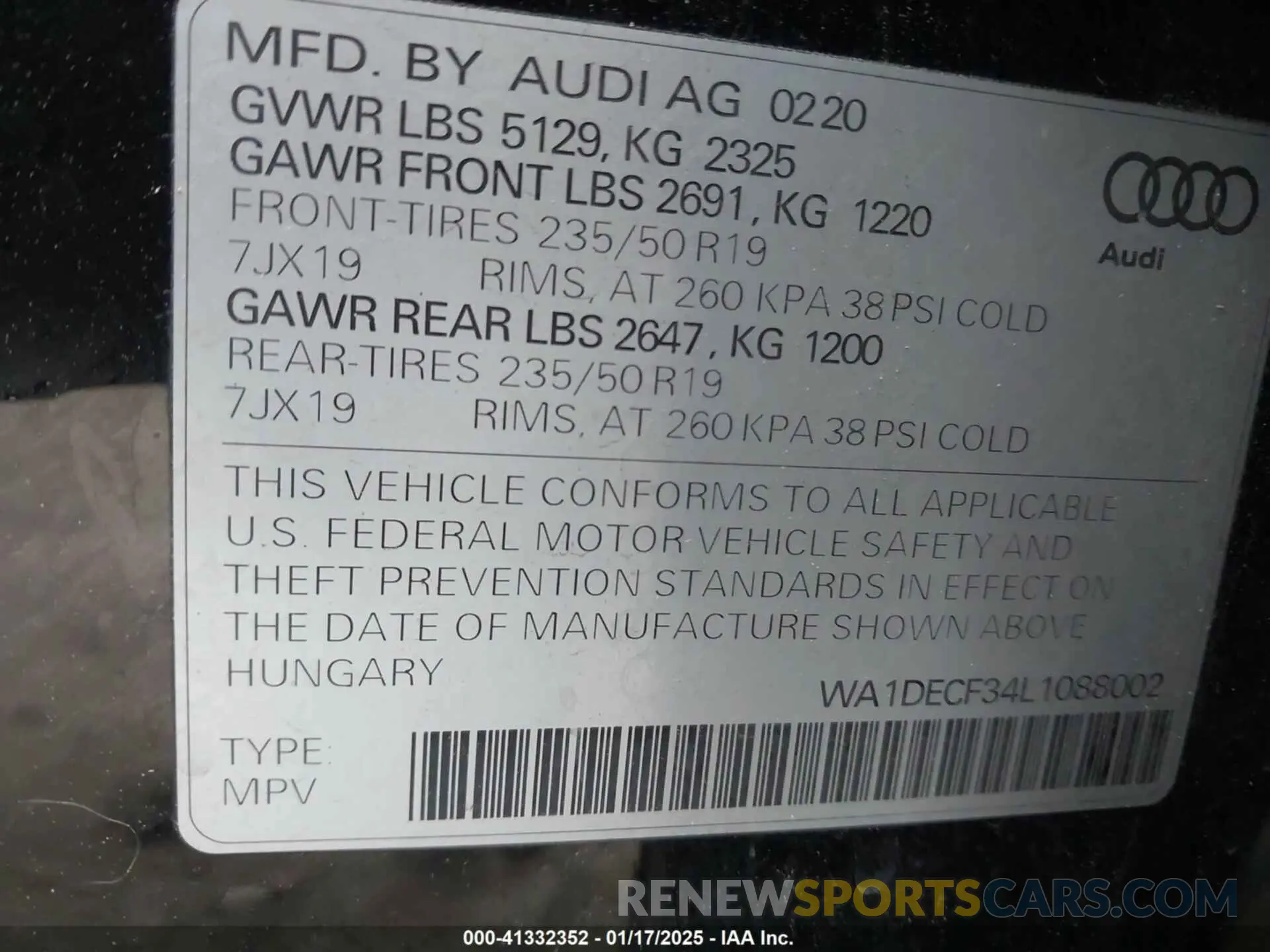 9 fotografías del automóvil dañado WA1DECF34L1088002 AUDI Q3 2020