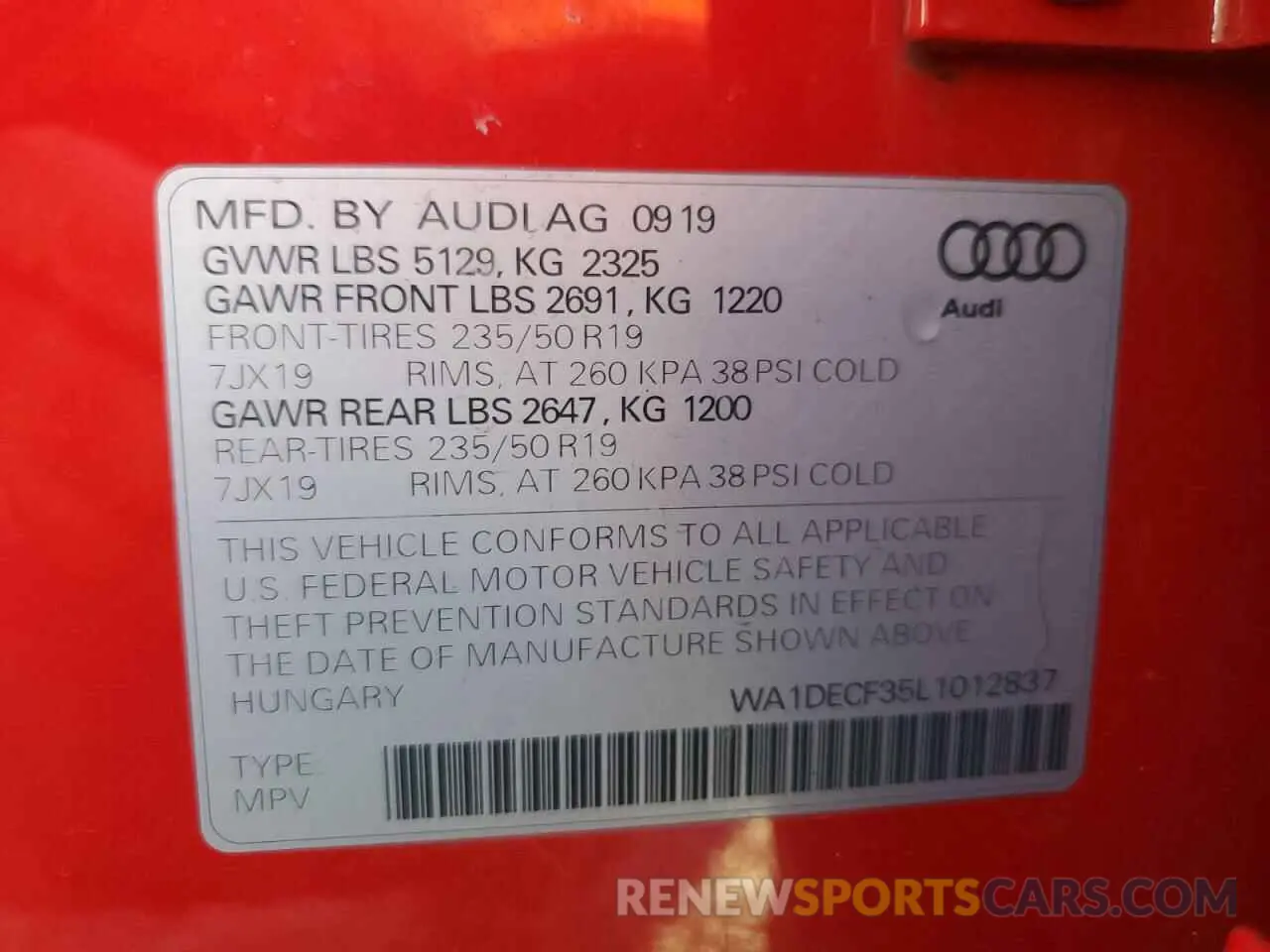 14 fotografías del automóvil dañado WA1DECF35L1012837 AUDI Q3 2020