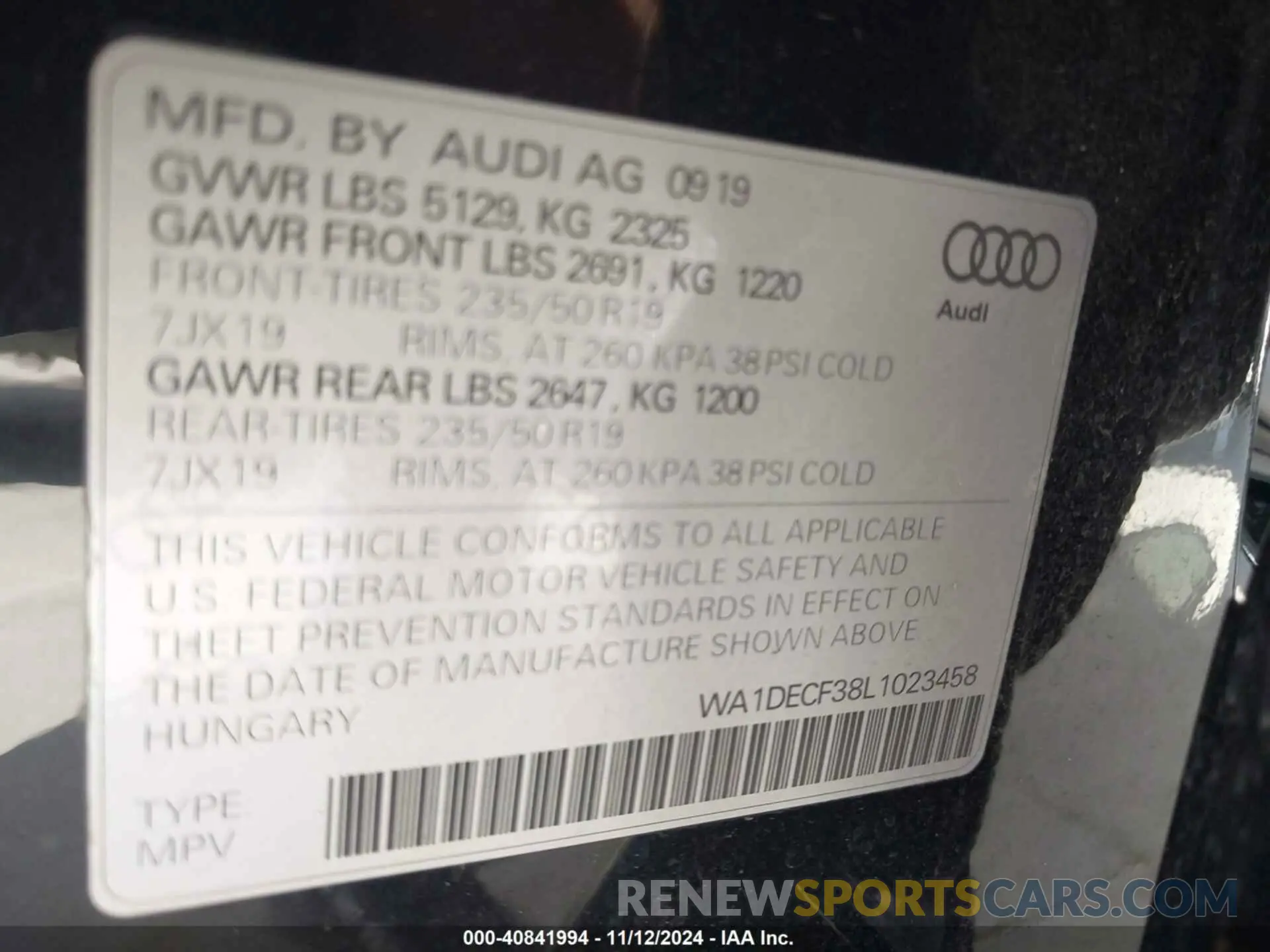 9 fotografías del automóvil dañado WA1DECF38L1023458 AUDI Q3 2020