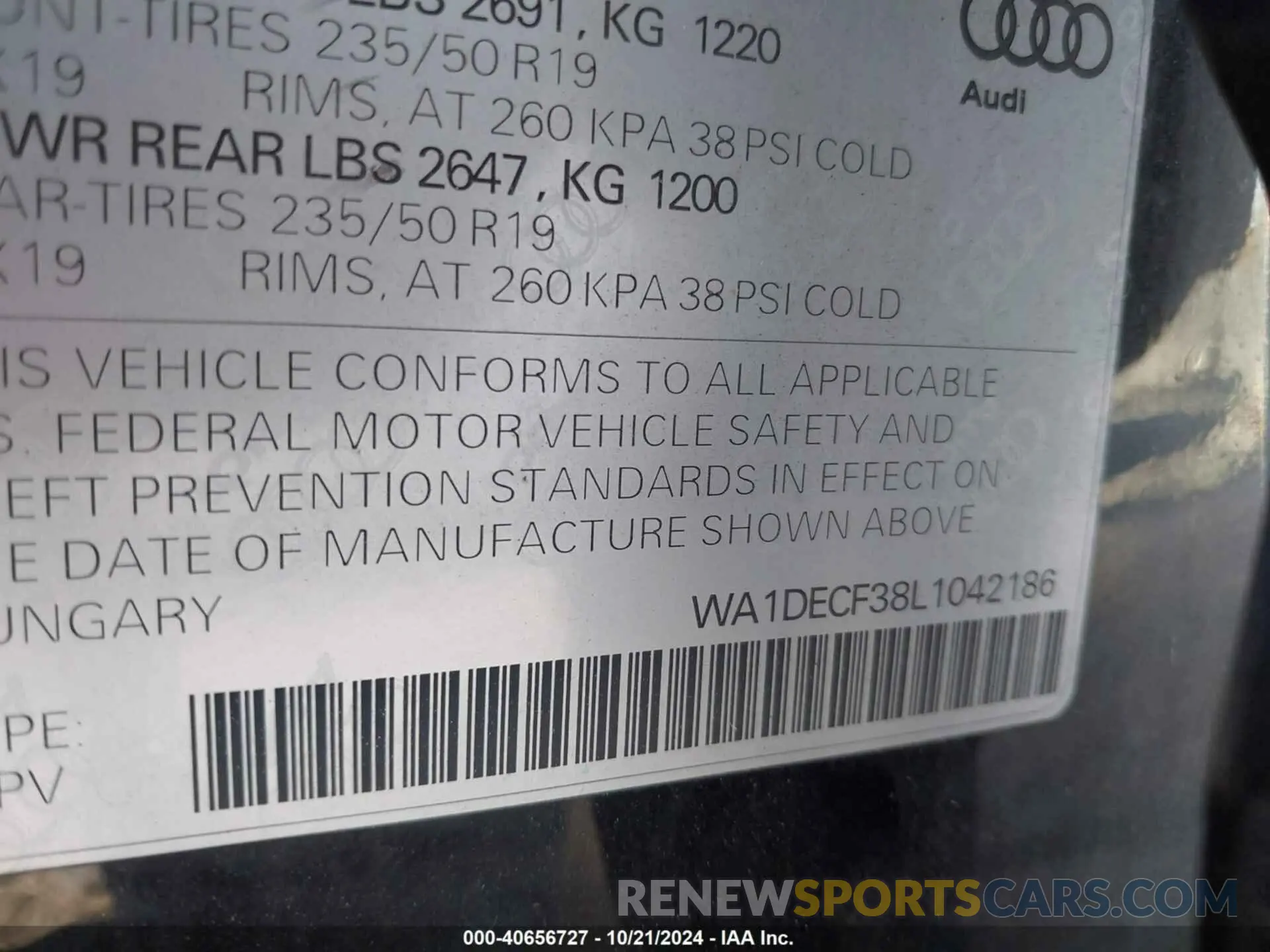 9 fotografías del automóvil dañado WA1DECF38L1042186 AUDI Q3 2020