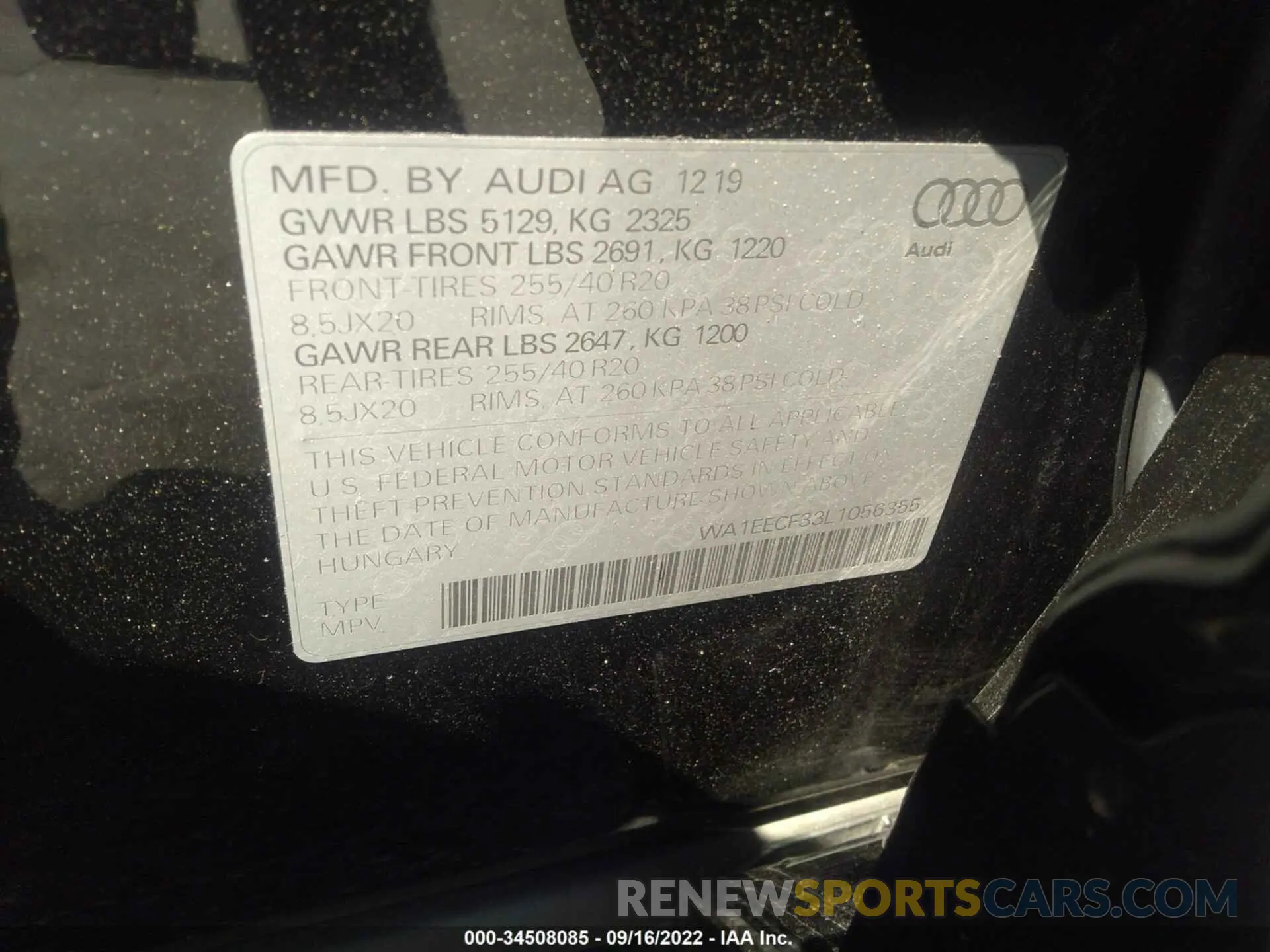 9 fotografías del automóvil dañado WA1EECF33L1056355 AUDI Q3 2020