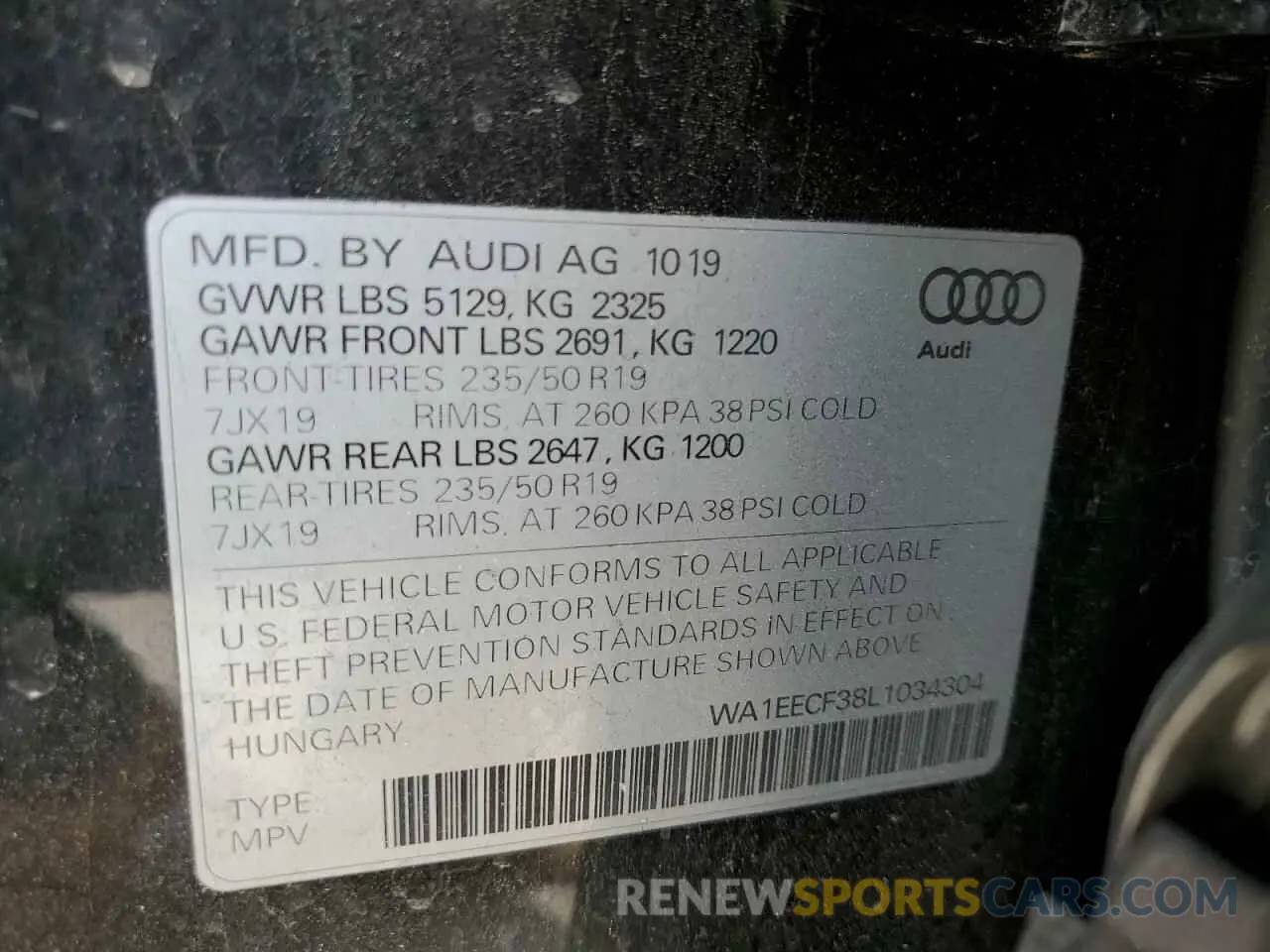 10 fotografías del automóvil dañado WA1EECF38L1034304 AUDI Q3 2020