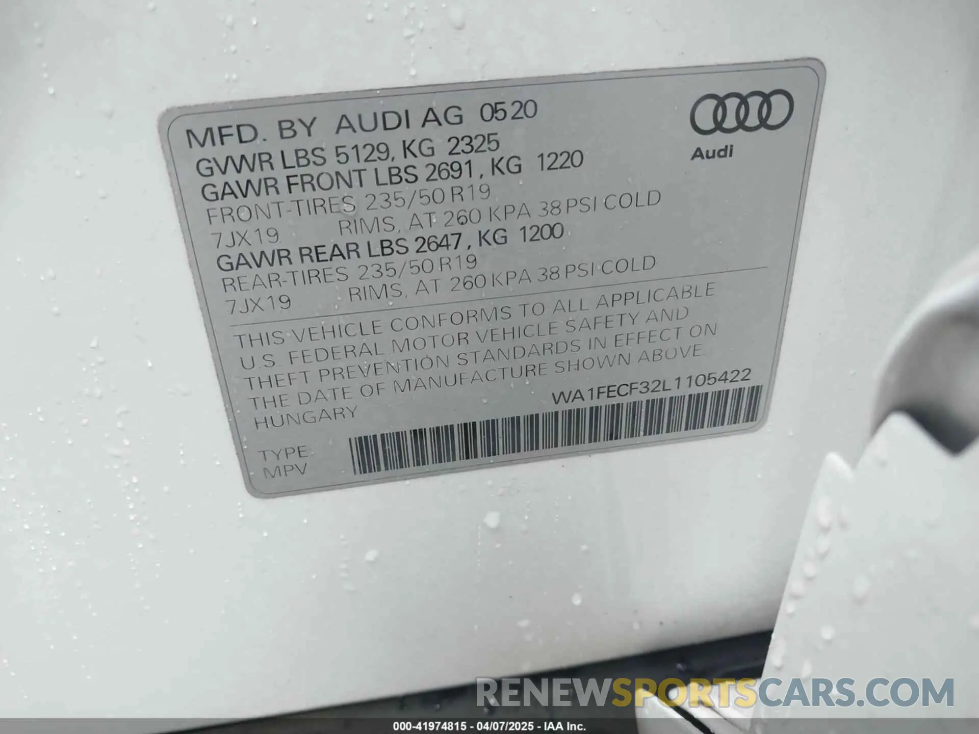 9 fotografías del automóvil dañado WA1FECF32L1105422 AUDI Q3 2020