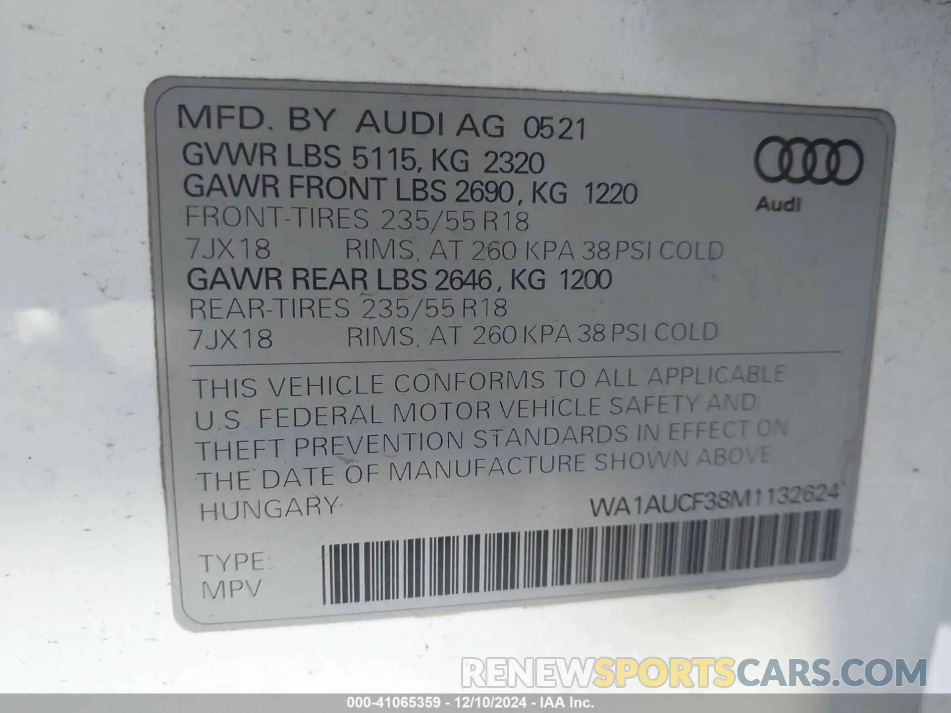 9 fotografías del automóvil dañado WA1AUCF38M1132624 AUDI Q3 2021