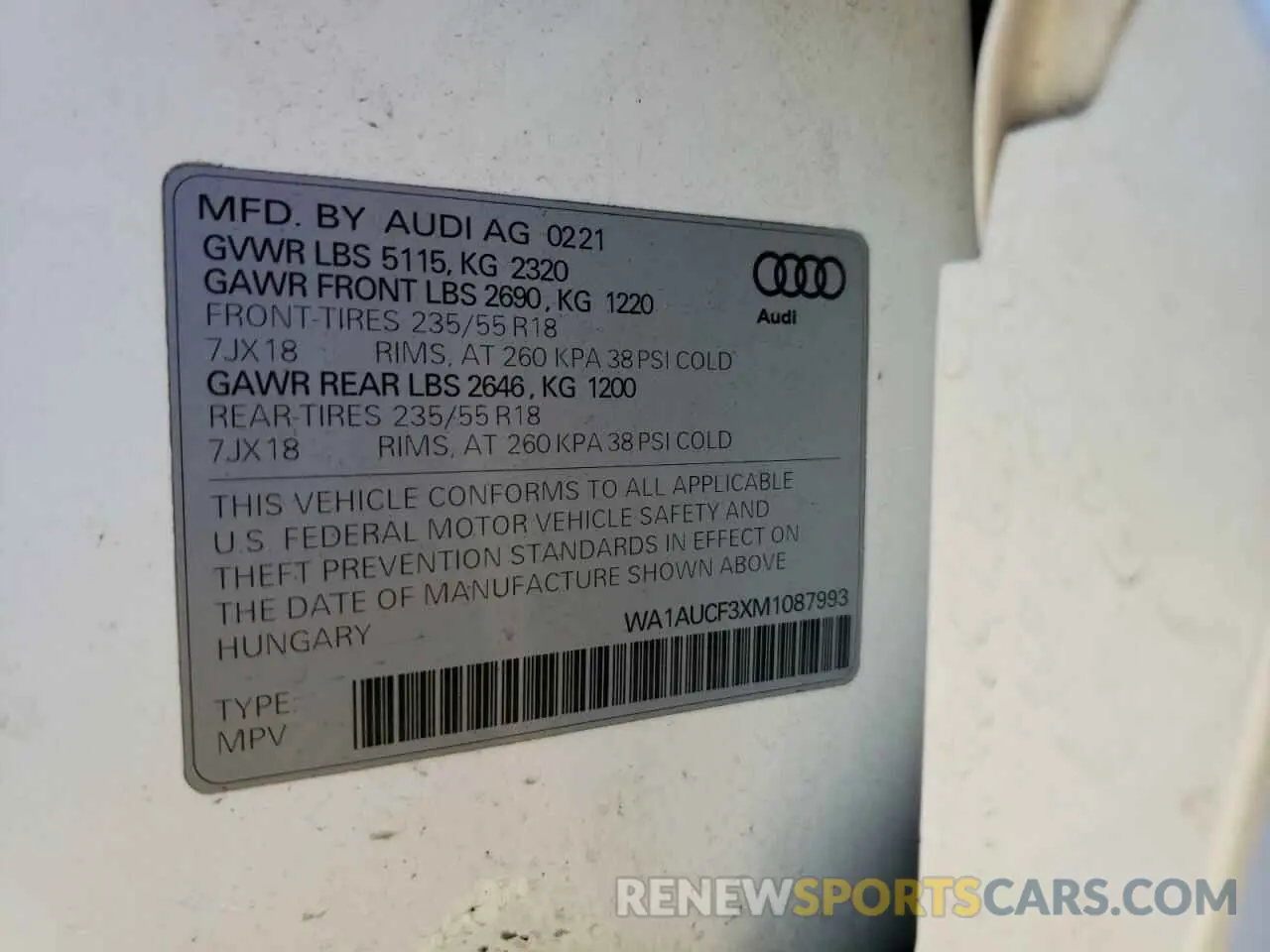 12 fotografías del automóvil dañado WA1AUCF3XM1087993 AUDI Q3 2021