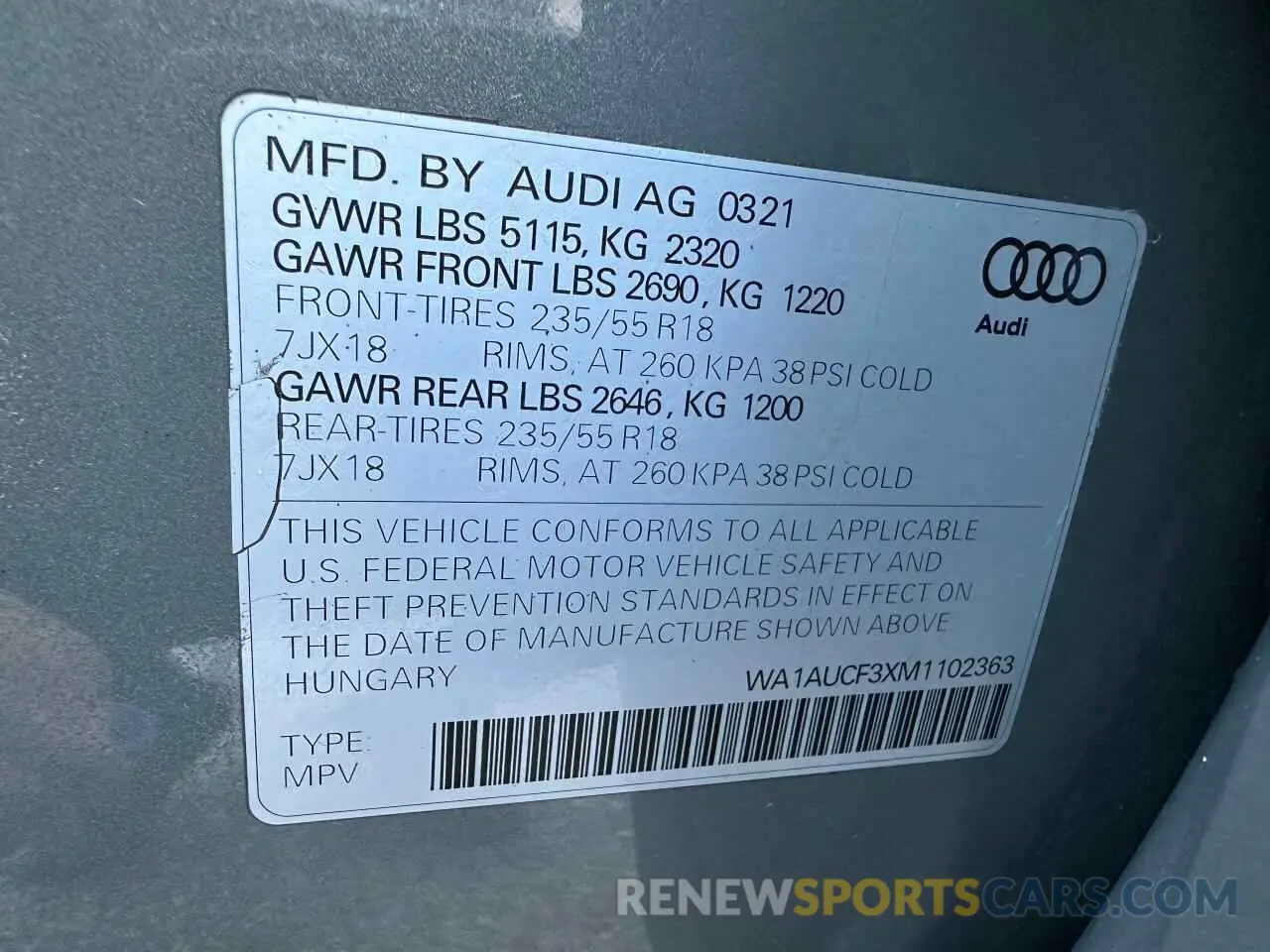 10 fotografías del automóvil dañado WA1AUCF3XM1102363 AUDI Q3 2021