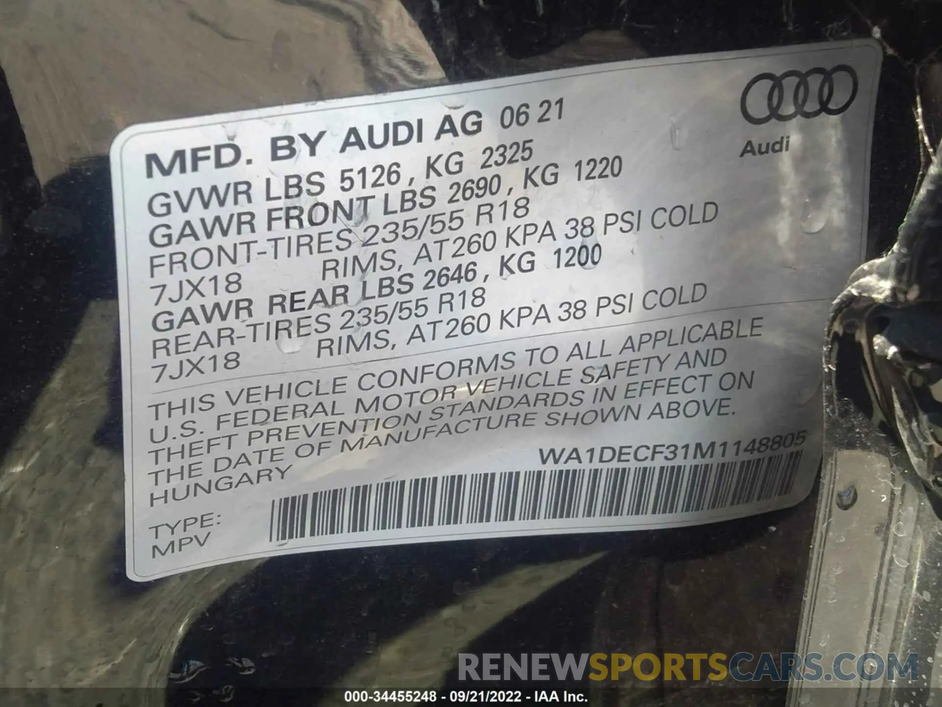9 fotografías del automóvil dañado WA1DECF31M1148805 AUDI Q3 2021