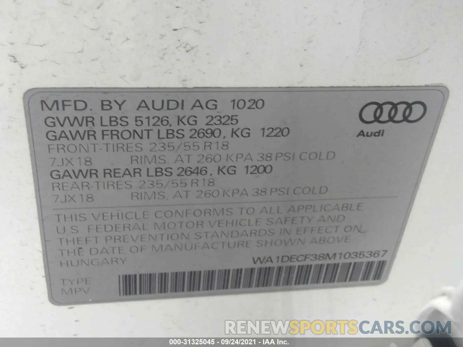 9 fotografías del automóvil dañado WA1DECF38M1035367 AUDI Q3 2021
