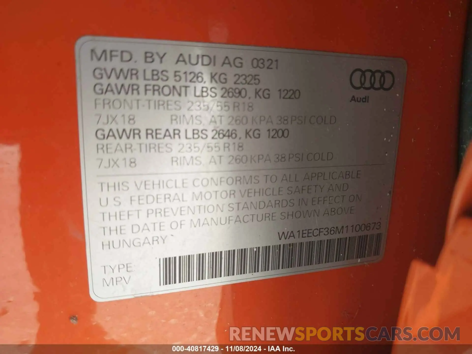 9 fotografías del automóvil dañado WA1EECF36M1100673 AUDI Q3 2021