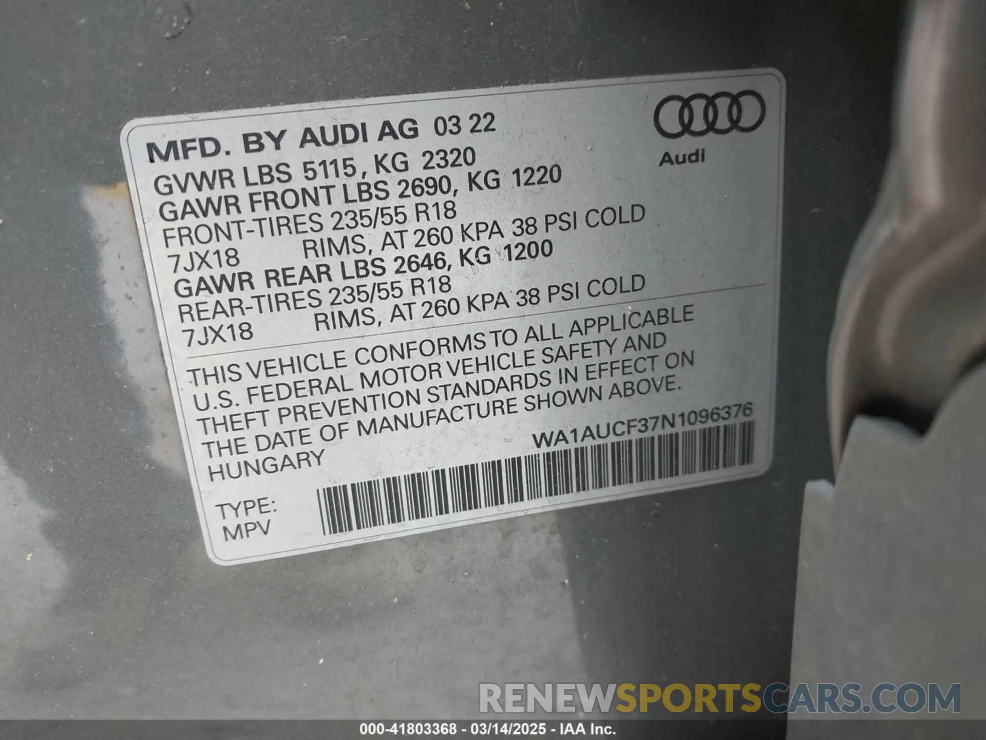 9 fotografías del automóvil dañado WA1AUCF37N1096376 AUDI Q3 2022