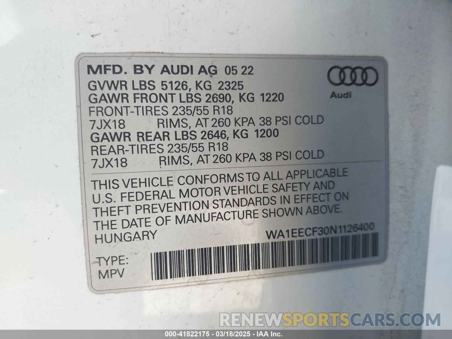 9 fotografías del automóvil dañado WA1EECF30N1126400 AUDI Q3 2022